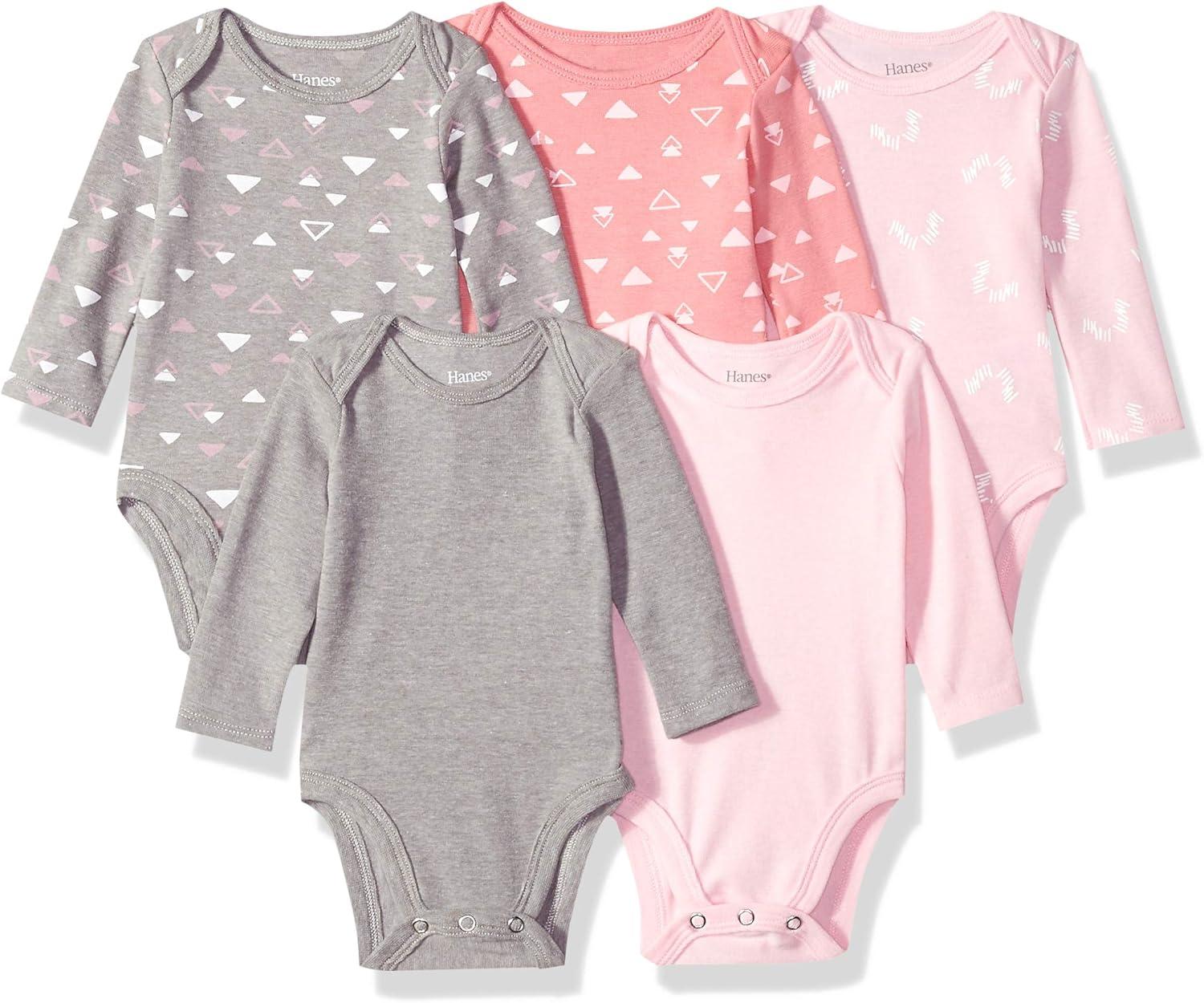 Hanes baby boys Ultimate Flexy 5 Pack Long Sleeve Bodysuits Bodystocking, Pink/Grey Shades, 18-24 Months US