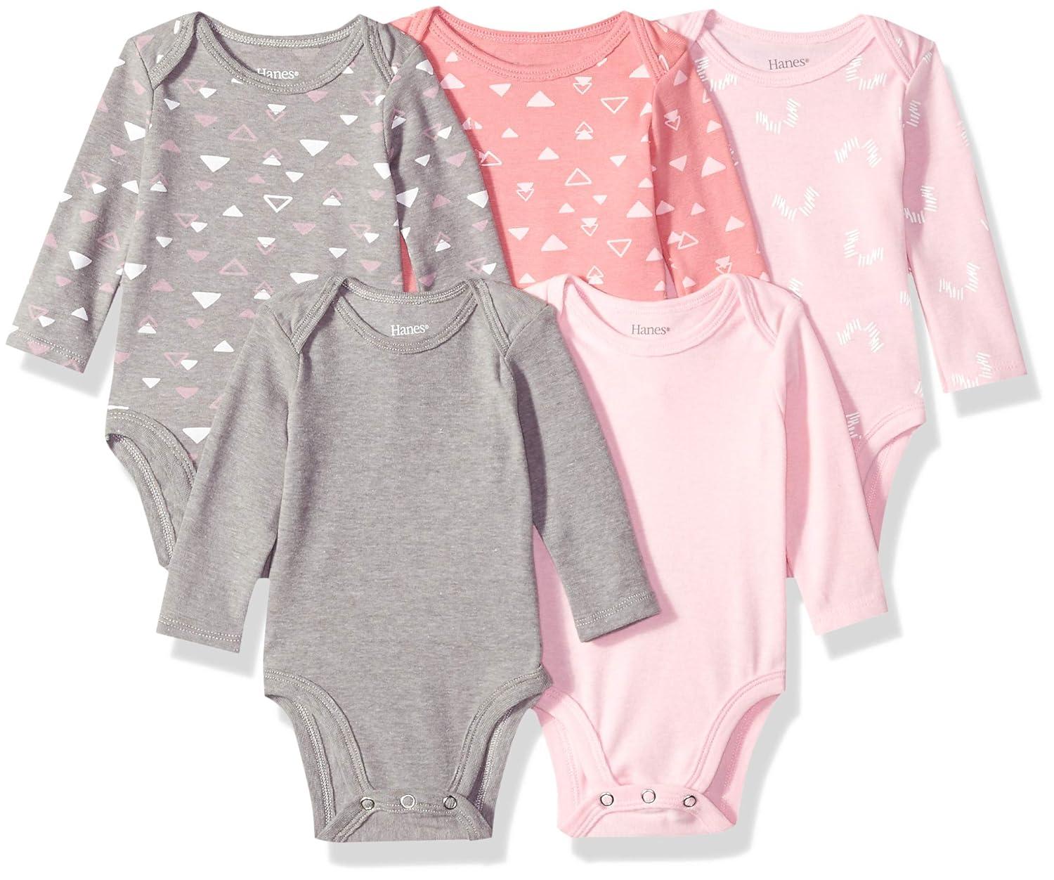 Hanes baby boys Ultimate Flexy 5 Pack Long Sleeve Bodysuits Bodystocking, Pink/Grey Shades, 18-24 Months US