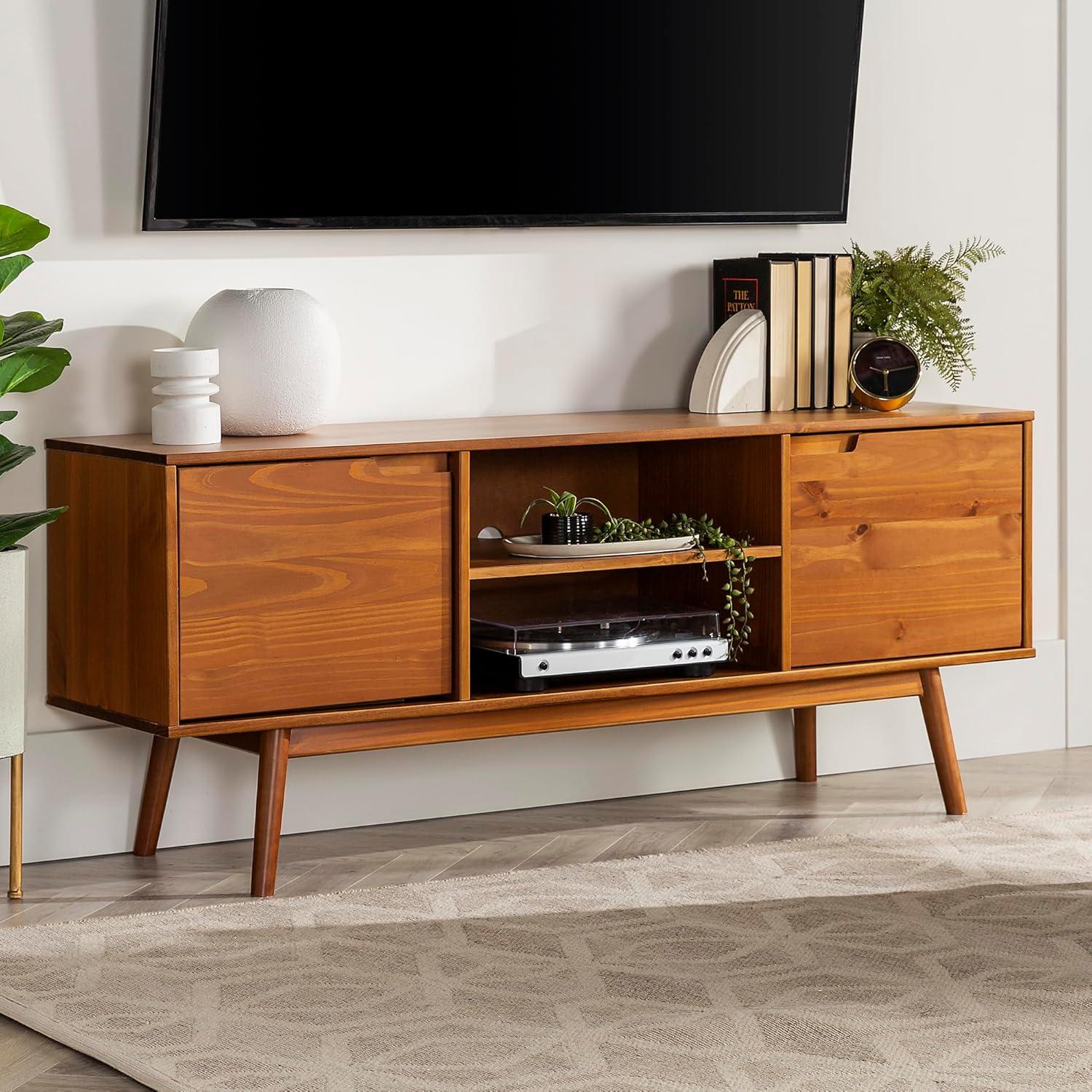 Adair 58" 2-Door Solid Pine Wood TV Console with Cutout Handles in Caramel