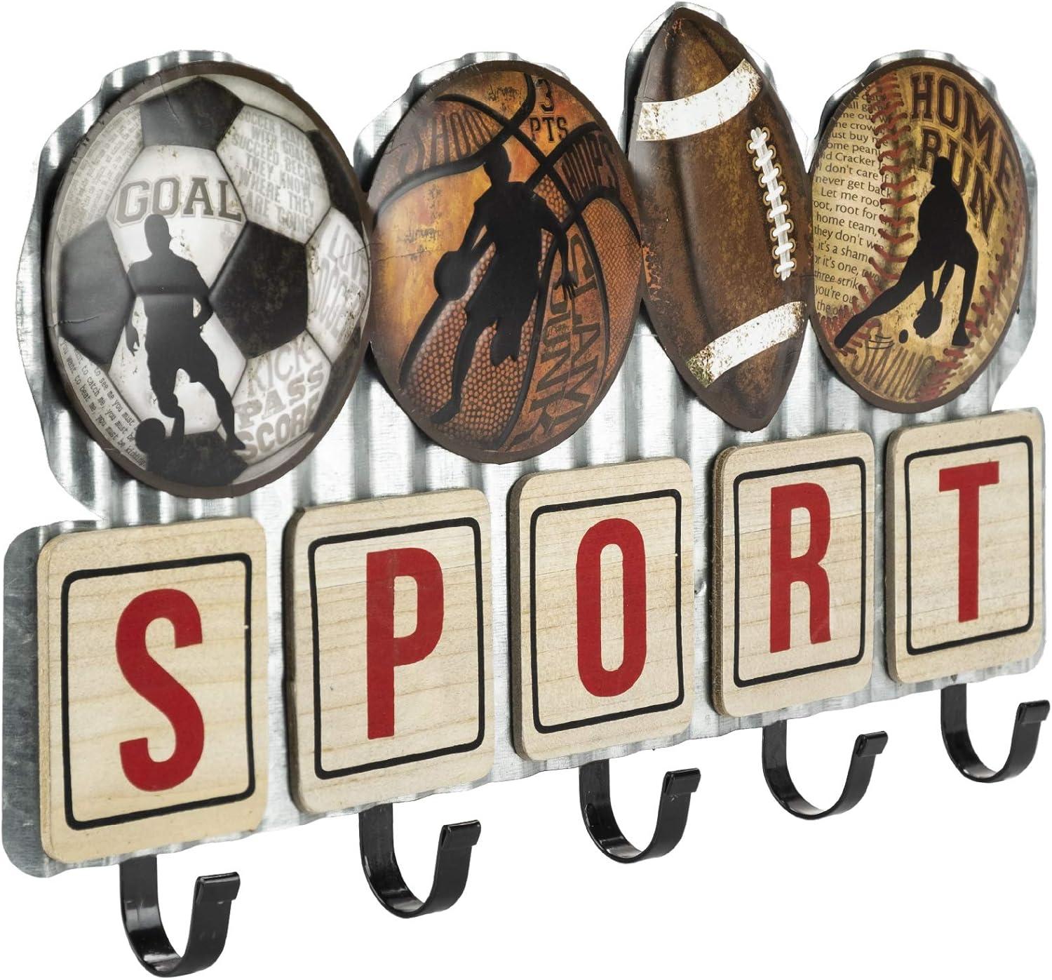 Excello Global Products Metal Sports Coat Rack with 5 Hooks: Vintage Sports Decorative Wall Mounted Design for Towels, Bags, Hats, Keys, Coats and Jackets - EGP-HD-0113