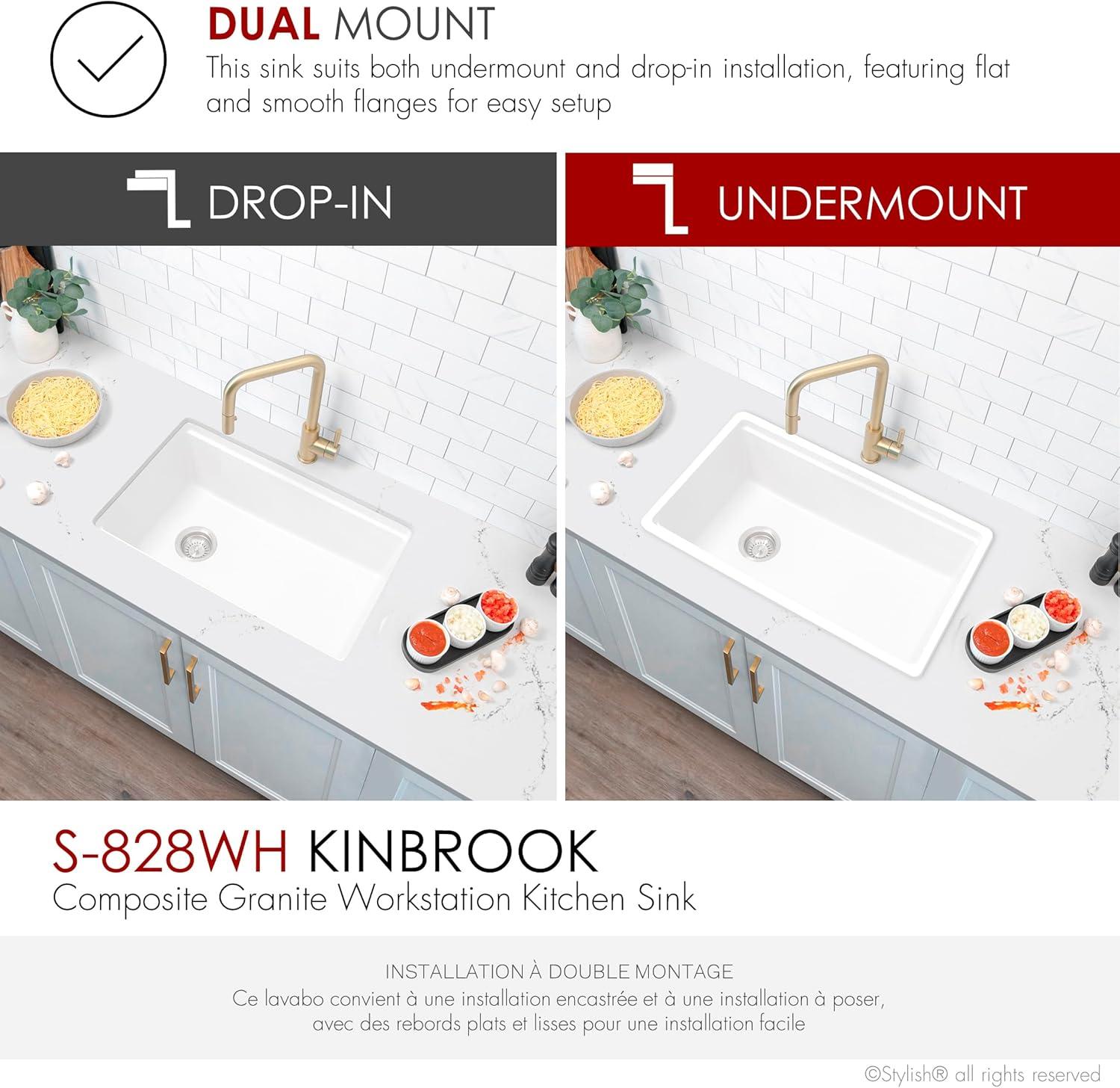 Stylish Dual Mount 28" White Composite Granite Single-Bowl Kitchen Sink with 4 Accessories S-828WH