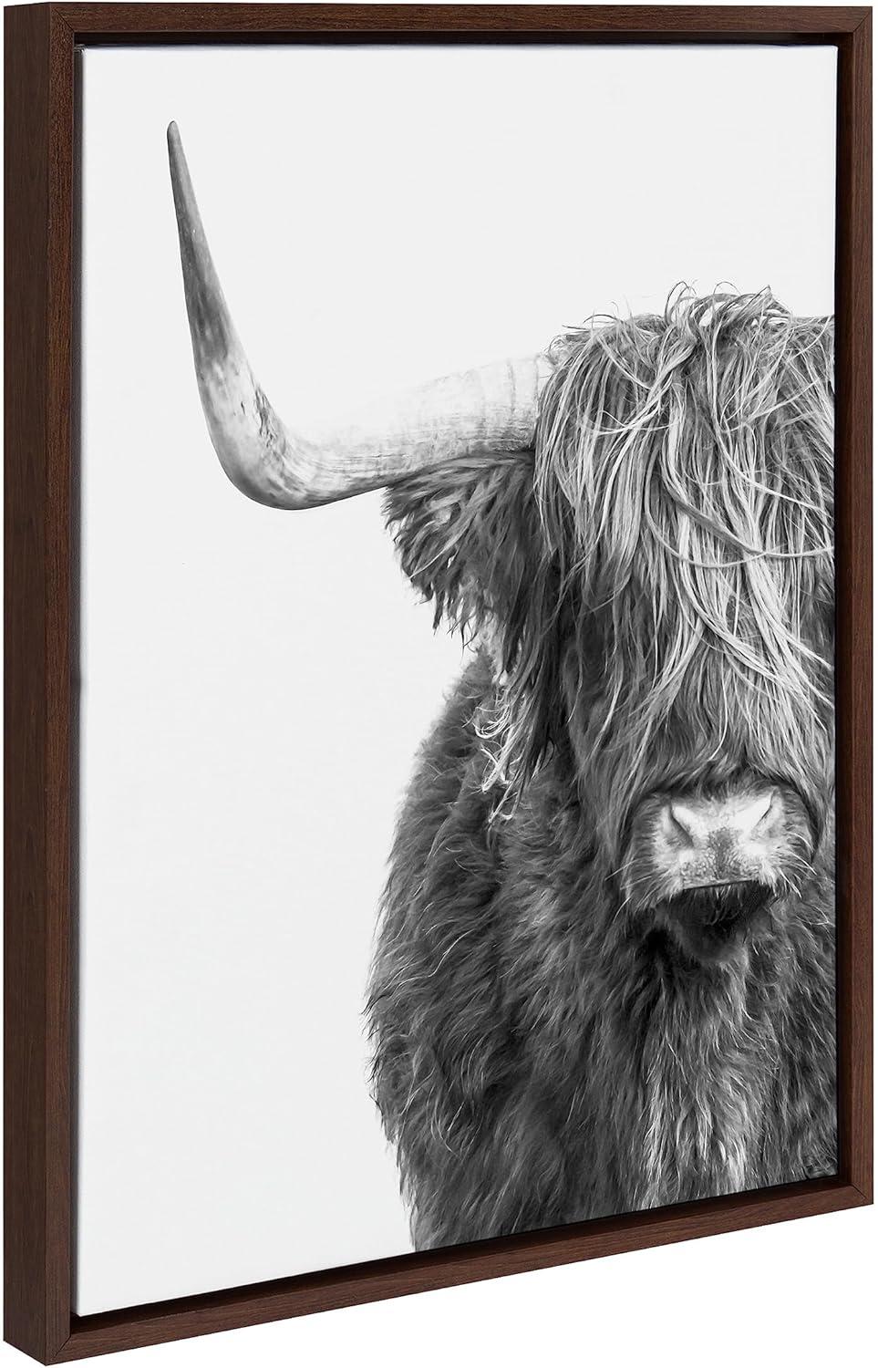 Kate and Laurel Sylvie B&W Highland Cow No. 1 Framed Canvas Wall Art by Amy Peterson Art Studio, 18x24 Brown, Black and White Animal Portrait Art