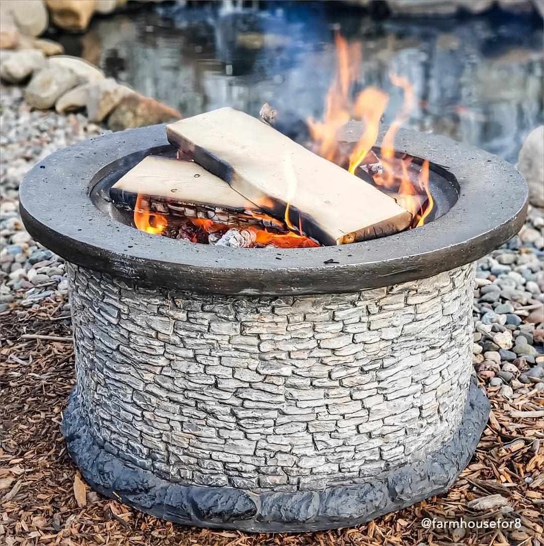 Round Stone and Steel Wood-Burning Fire Pit