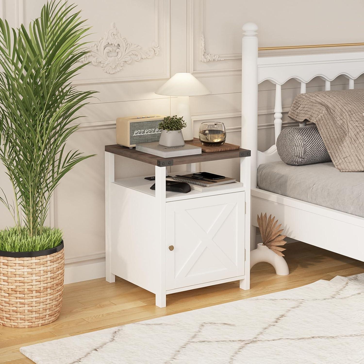 Wood Nightstands with Charging Station End Table Bedside Tables with Barn Door