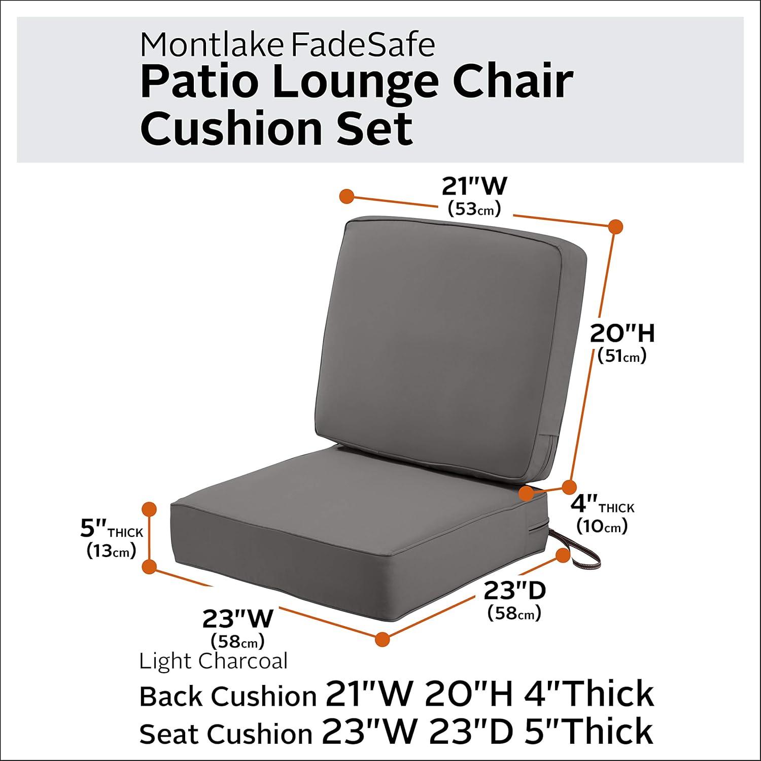 Classic Accessories Montlake FadeSafe Patio Seat & Back Cushion Combo, 23"W x 23"D x 5" x21"W x 20"H x 4", Light Charcoal