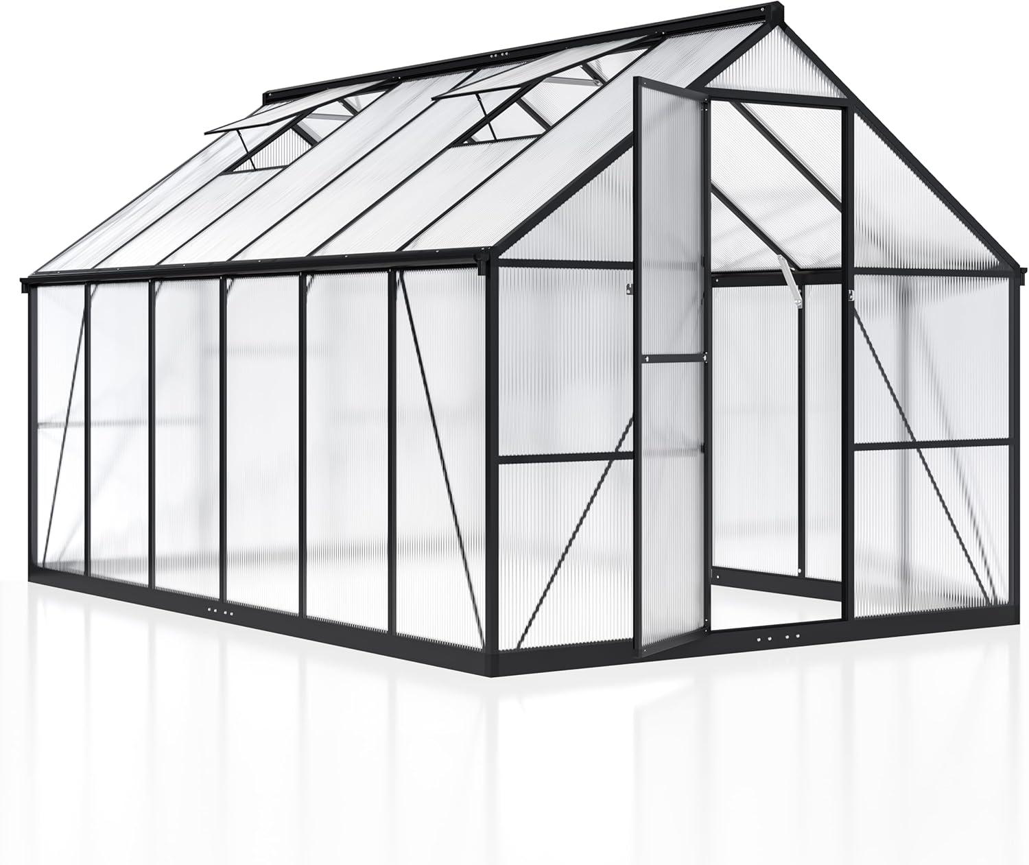 Black Aluminum Polycarbonate Walk-In Greenhouse 8x12 FT