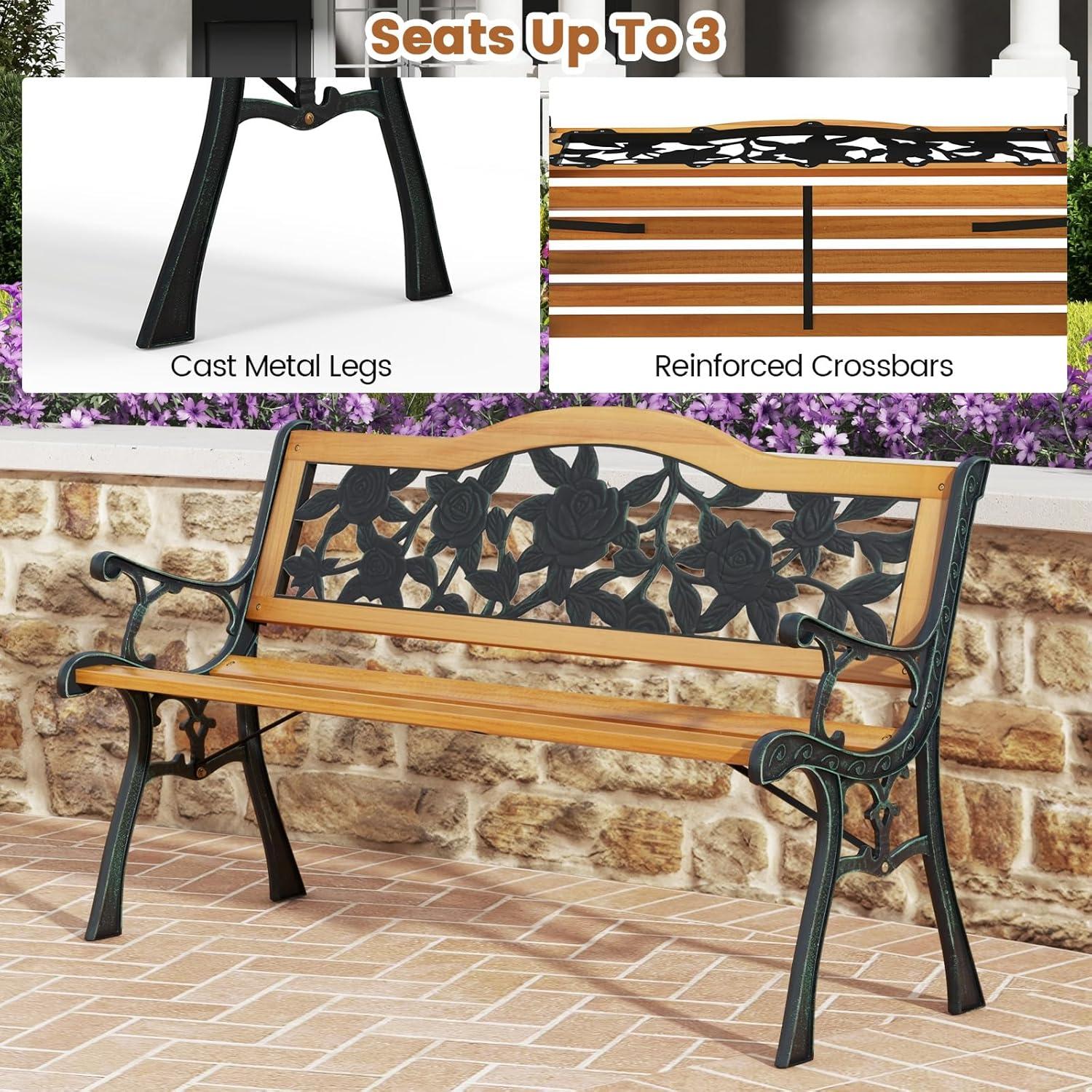 Tangkula Garden Cast Iron Bench Porch Path Loveseat Hardwood Chair for Patio Park