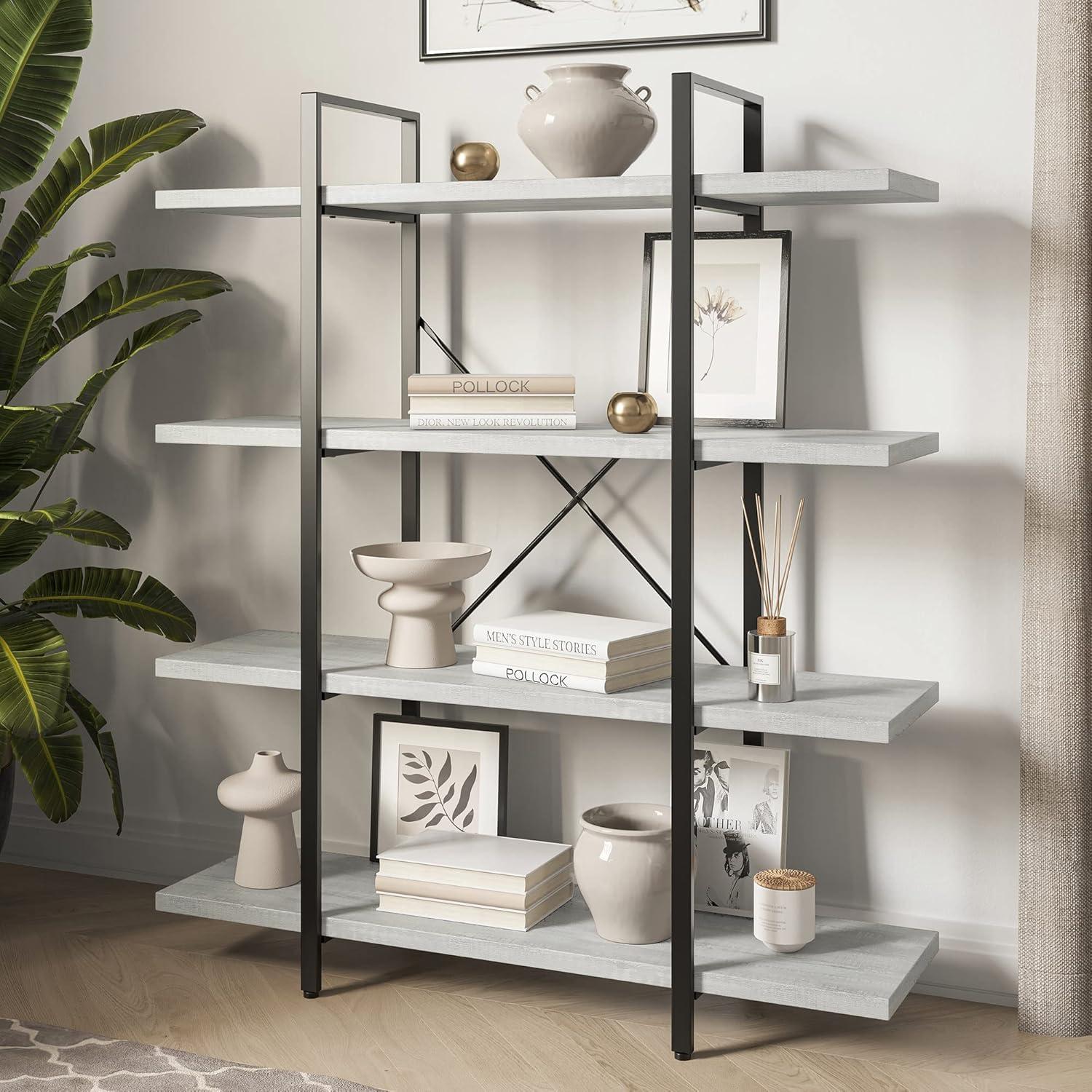 BELLEZE 4 Tier Modern Rustic Industrial Bookshelf - Hazel (Stone Grey)