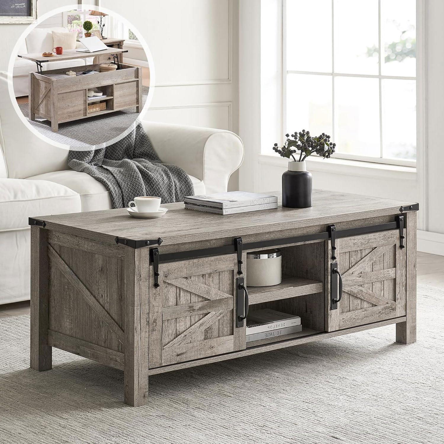 OKD Farmhouse Sturdy Coffee Table with Sliding Barn Doors and Storage Shelves for Living Room, Den, Family Room, or Office, Light Rustic Oak Finish