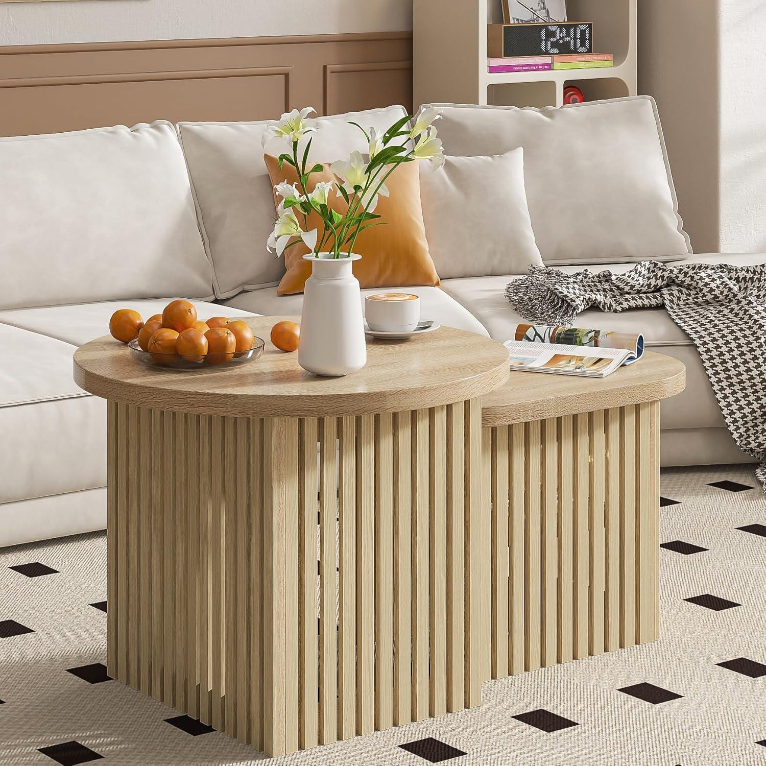 Natural Wood Round Nesting Coffee Table Set with Fluted Panels