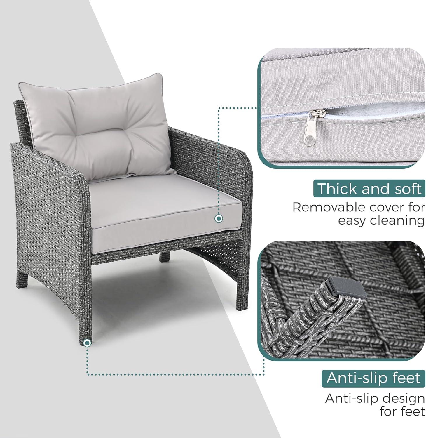 Pamapic 5 Pieces Outdoor Patio Wicker Chairs Set with Ottoman Outside Conversation Furniture Set with Cushions and Coffee for Balcony Porch Lawn Garden Table(Grey Cushion+Light Grey Rattan)