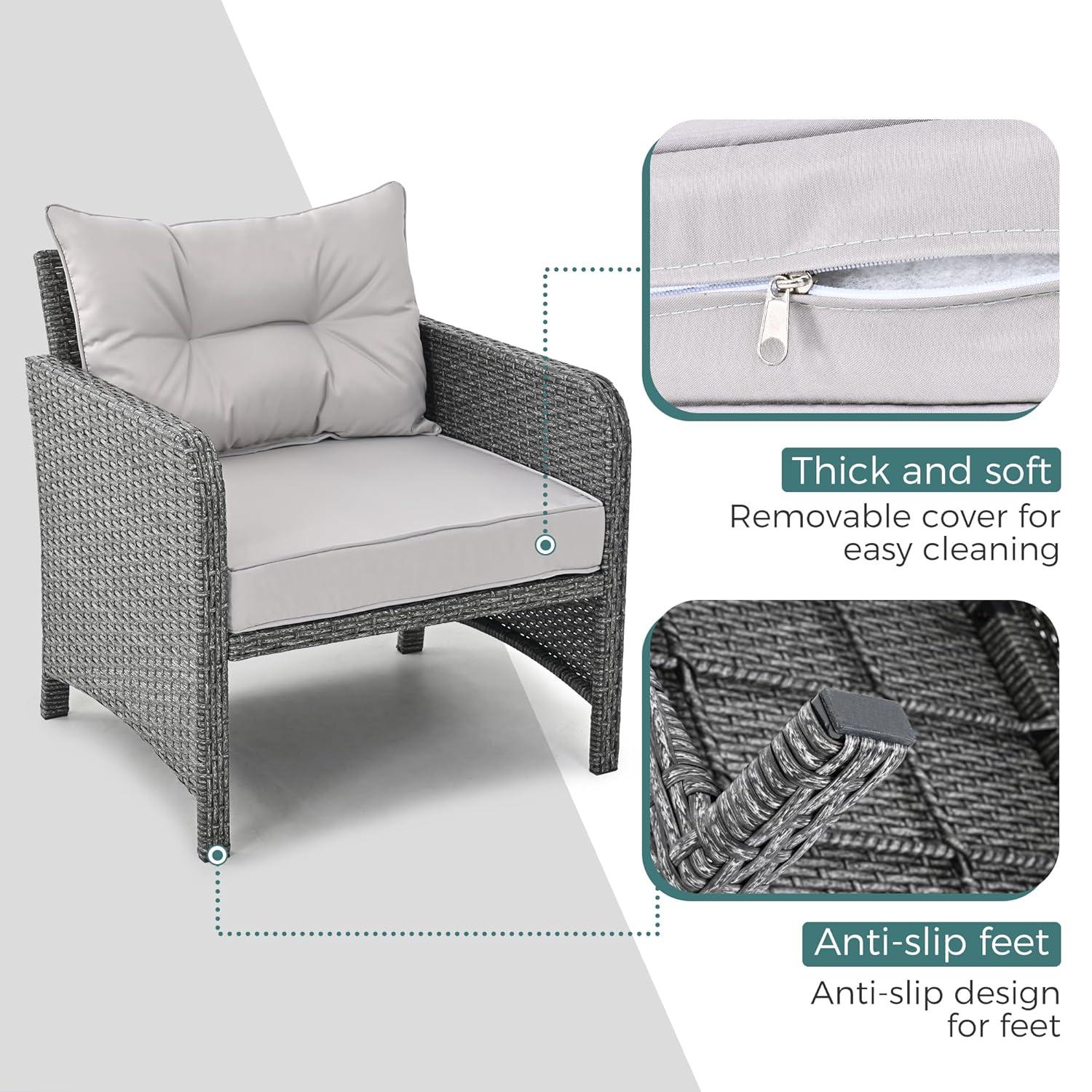 Pamapic 5 Pieces Outdoor Patio Wicker Chairs Set with Ottoman Outside Conversation Furniture Set with Cushions and Coffee for Balcony Porch Lawn Garden Table(Grey Cushion+Light Grey Rattan)