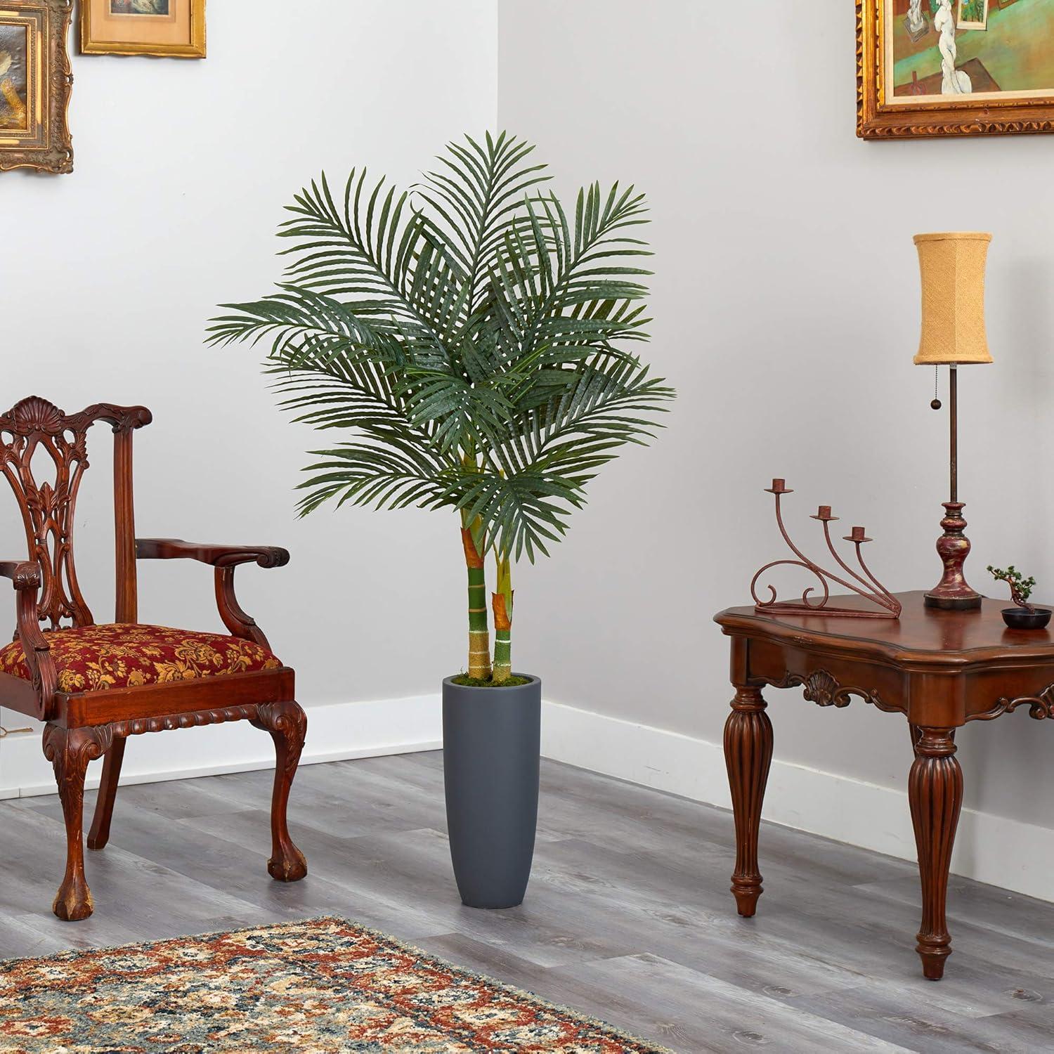 Nearly Natural 58-in Golden Cane Artificial Palm Tree in Gray Planter