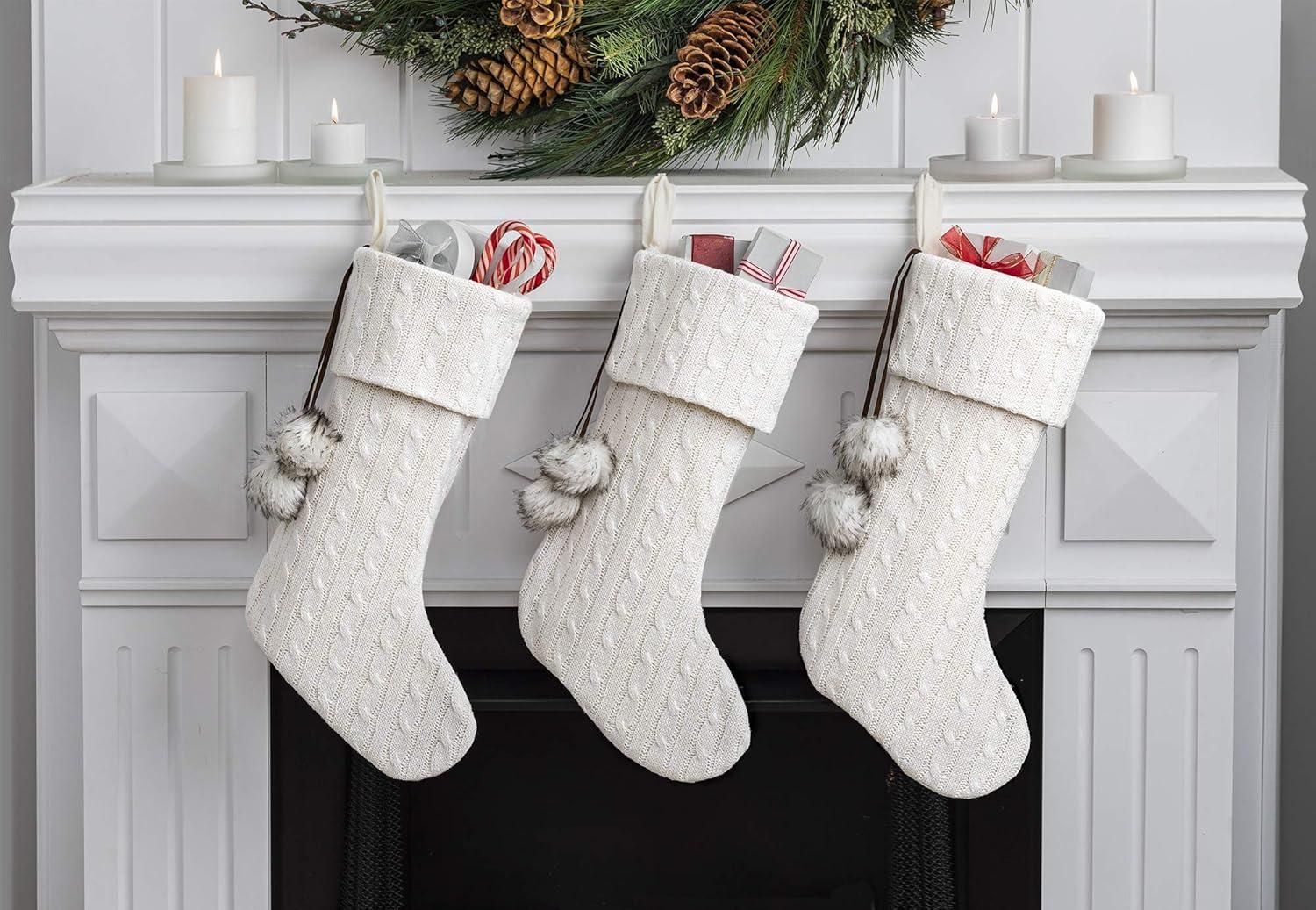 Ivory Cable Knit Christmas Stockings with Faux Fur Pom Poms, 20 Inches, Set of 3