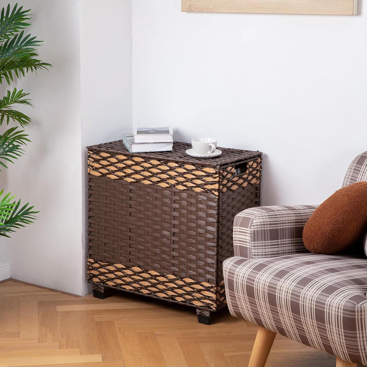 OIAHOMY Laundry Hamper with Lid, 140L Clothes Hamper with 3 Removable Liner Bags, Foldable Basket with Lid, Synthetic Wicker Laundry Basket for Bedroom, 27x 13 x 26 Inches, Brown