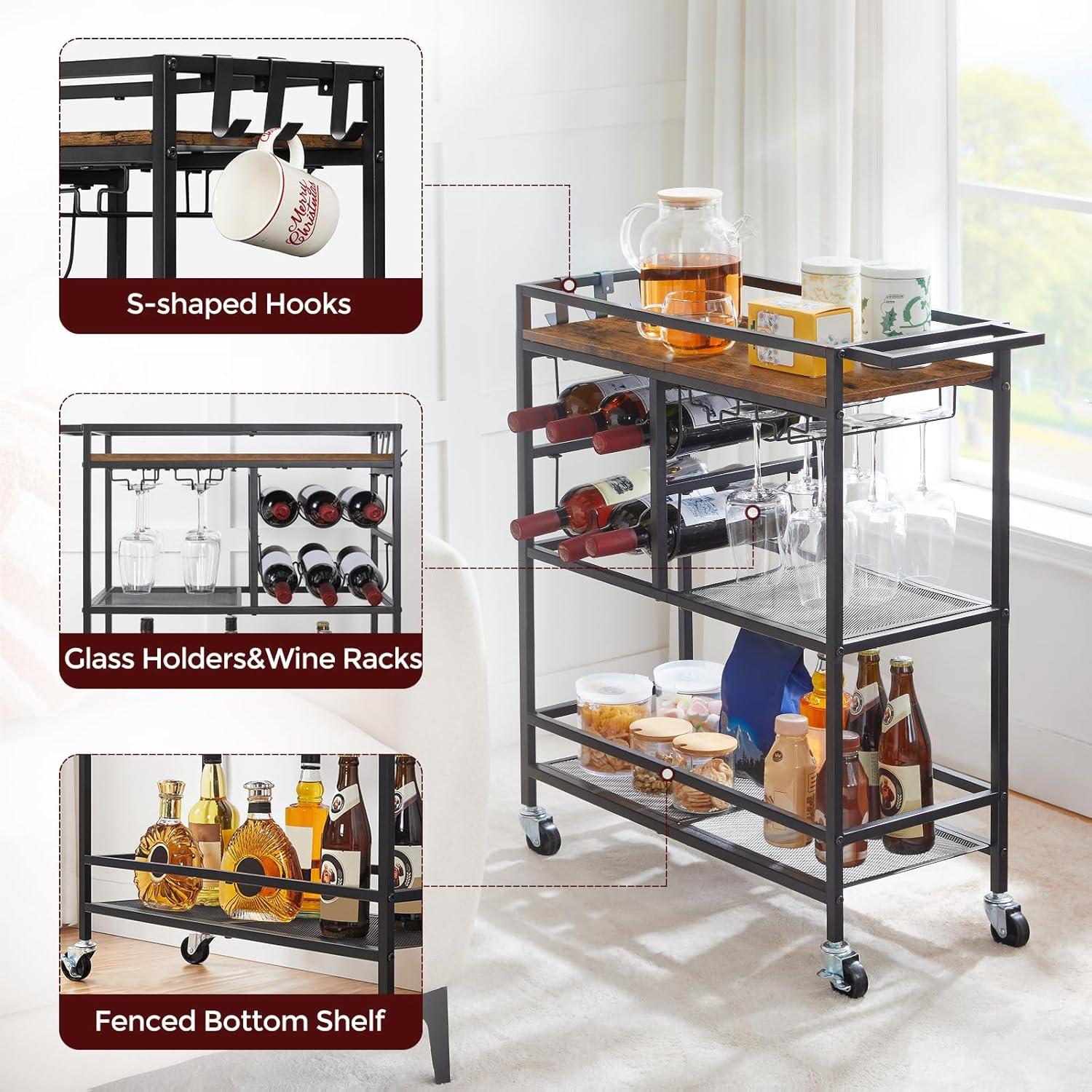 Bar Cart for Home, 3-Tier Serving Cart with Wheels and Handle, Beverage Cart with Wine Rack and Glass Holders, Rolling Wine Cart for Kitchen, Dining Room, Rustic Brown RCHR6101
