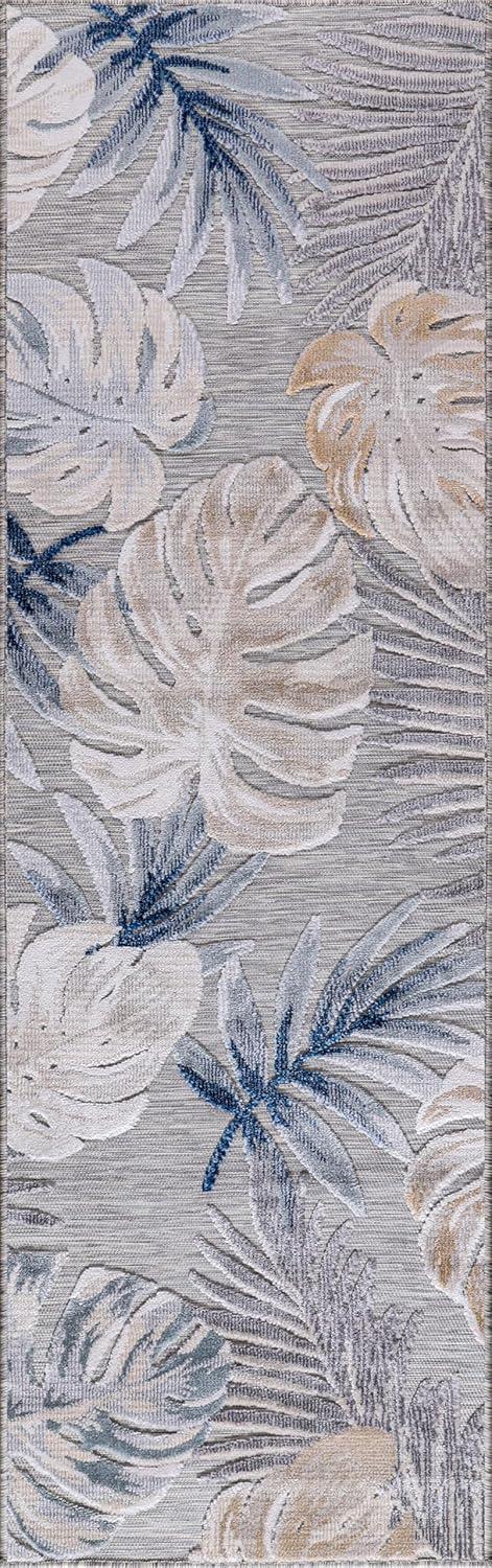 CAMILSON Spring Leaf Tropical Botanical Easy-Cleaning Non-Shedding Washable Outdoor Indoor Area Rug Blue 9x12