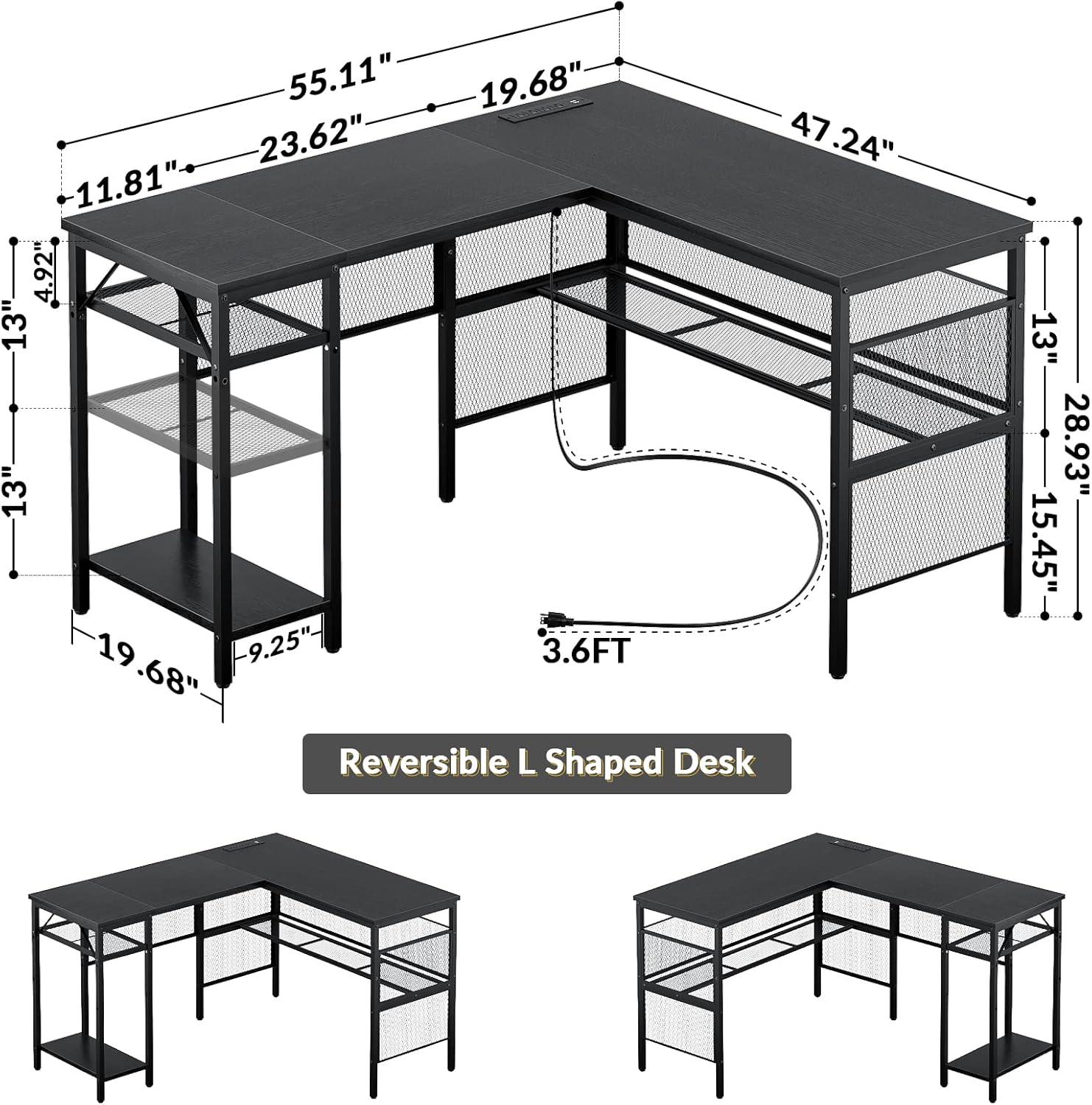 Black L-Shaped Computer Desk with Power Outlet and USB Port