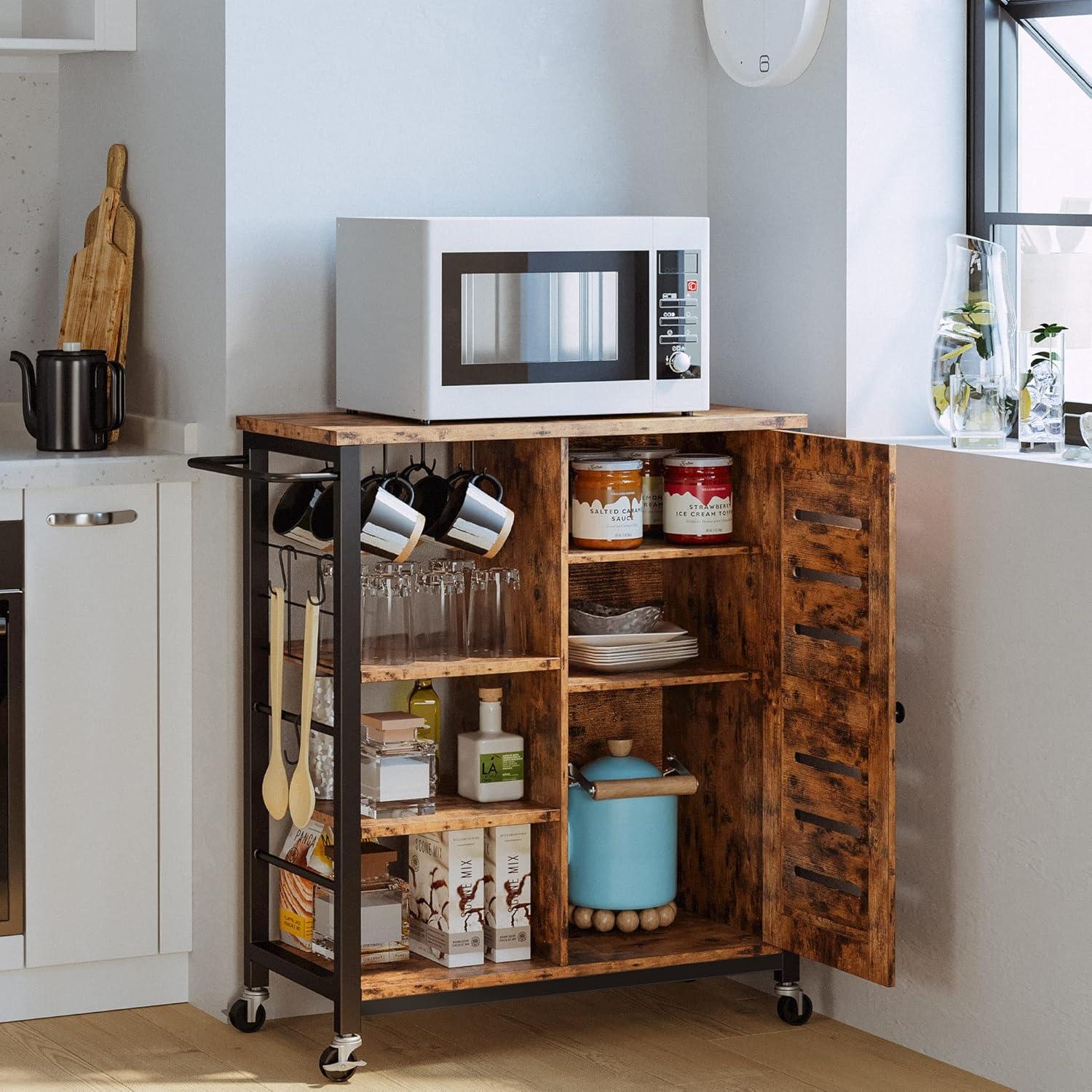 Industrial Brown Wood Kitchen Cart with Storage and Wheels