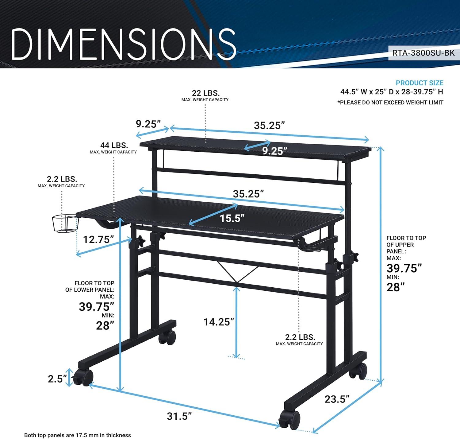 Inbox Zero Mobili Rolling Writing Desk – Height Adjustable with Moveable Shelf & Locking Wheels