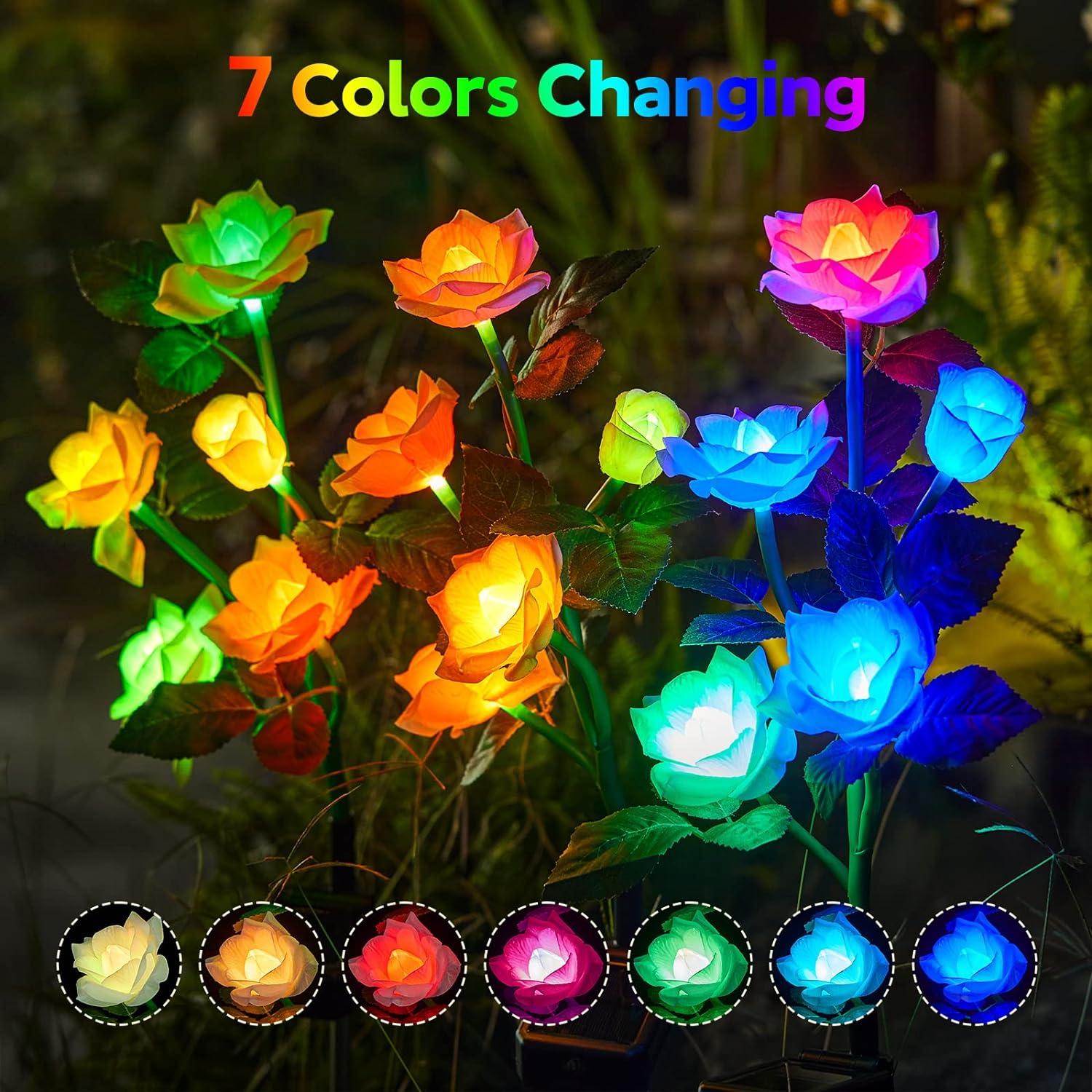 Multicolor LED Solar Garden Lights with Fabric Rose Flowers