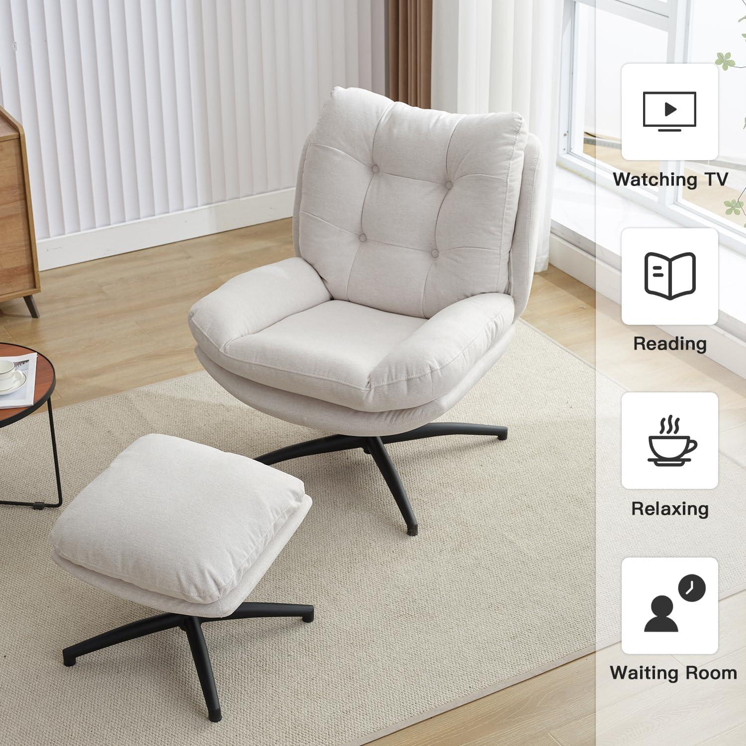 White Chenille Swivel Accent Chair with Ottoman