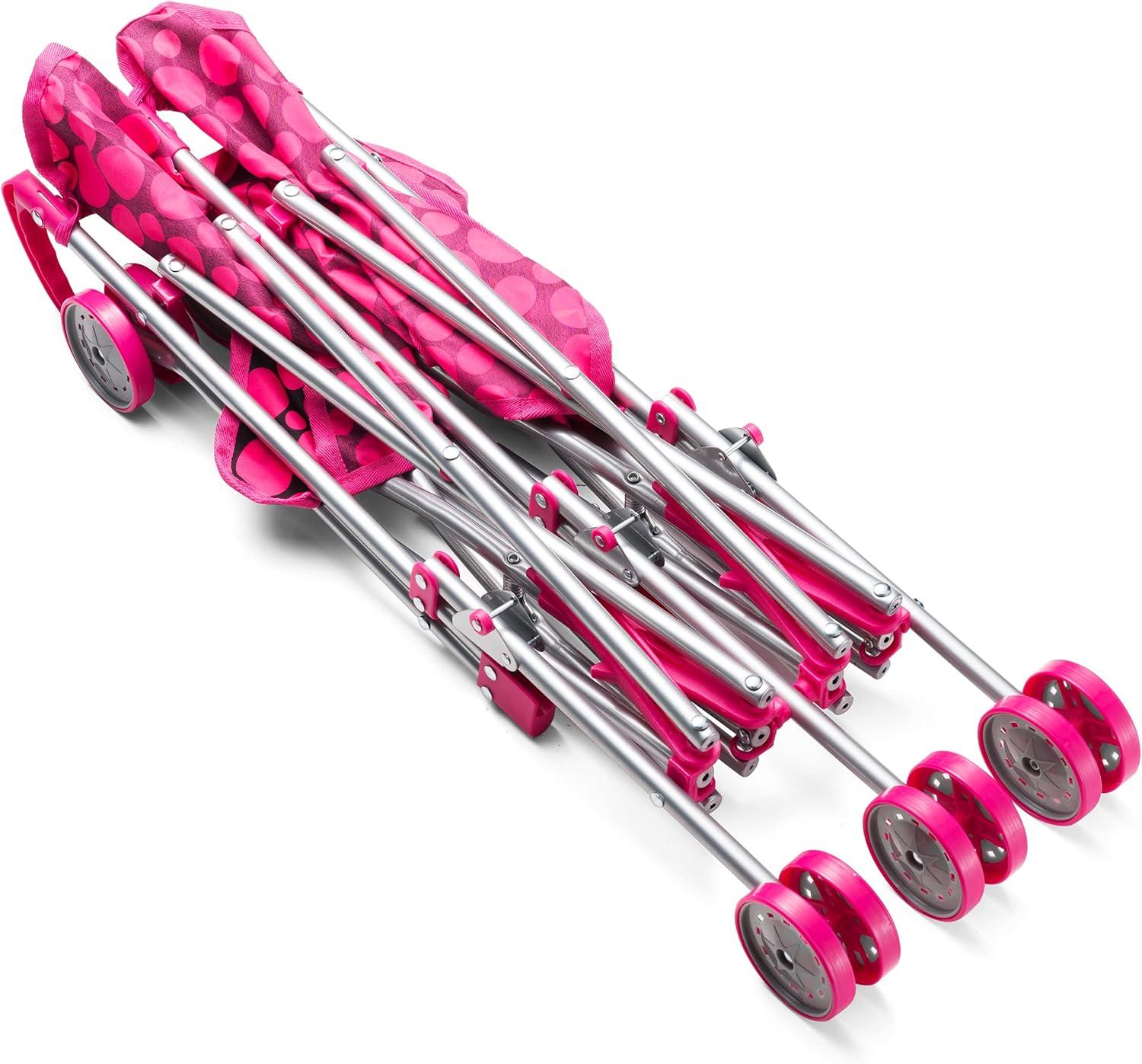 Double Doll Stroller for Twin Baby Dolls - Toy Stroller for Toddlers 3 Years and up, Pink & Black Polka Dots Design for Kids
