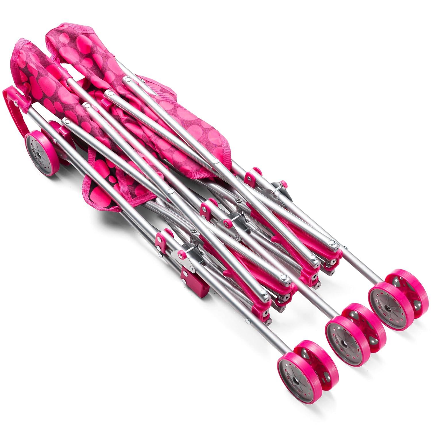 Double Doll Stroller for Twin Baby Dolls - Toy Stroller for Toddlers 3 Years and up, Pink & Black Polka Dots Design for Kids