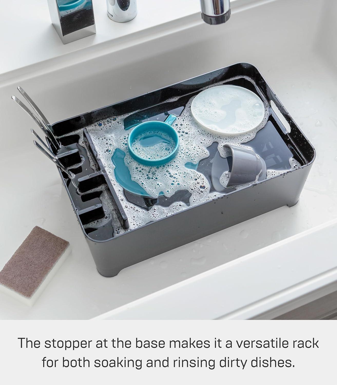 Yamazaki Home Tower Yamazaki Home Dish Drying Rack with Drainage Spout, 1.25 gallon, Utensil Holder, Handles