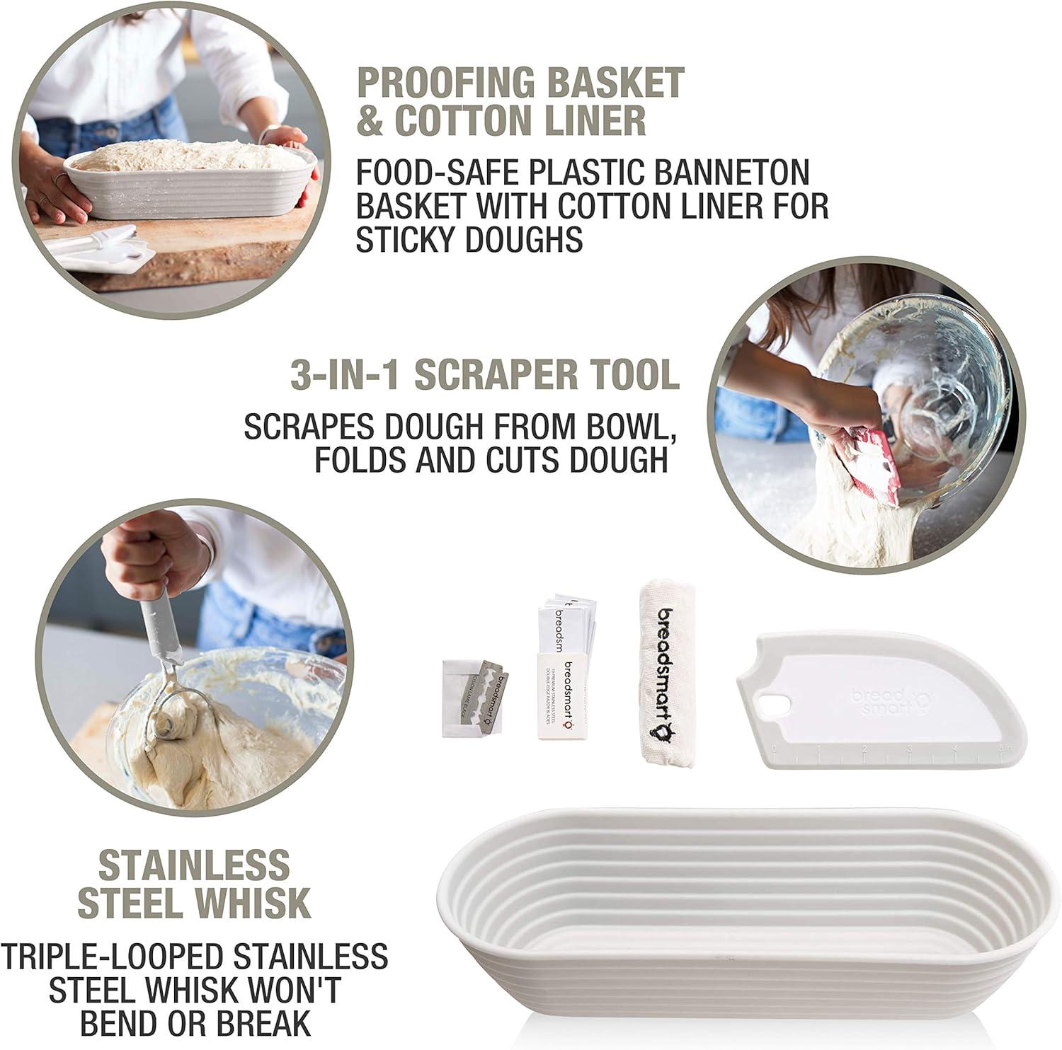Breadsmart Artisan Bread Making Kit - 5 PC Baking Supplies Set - Lame, Scraper, Whisk, Proofing Basket & Cotton Liner - Gray