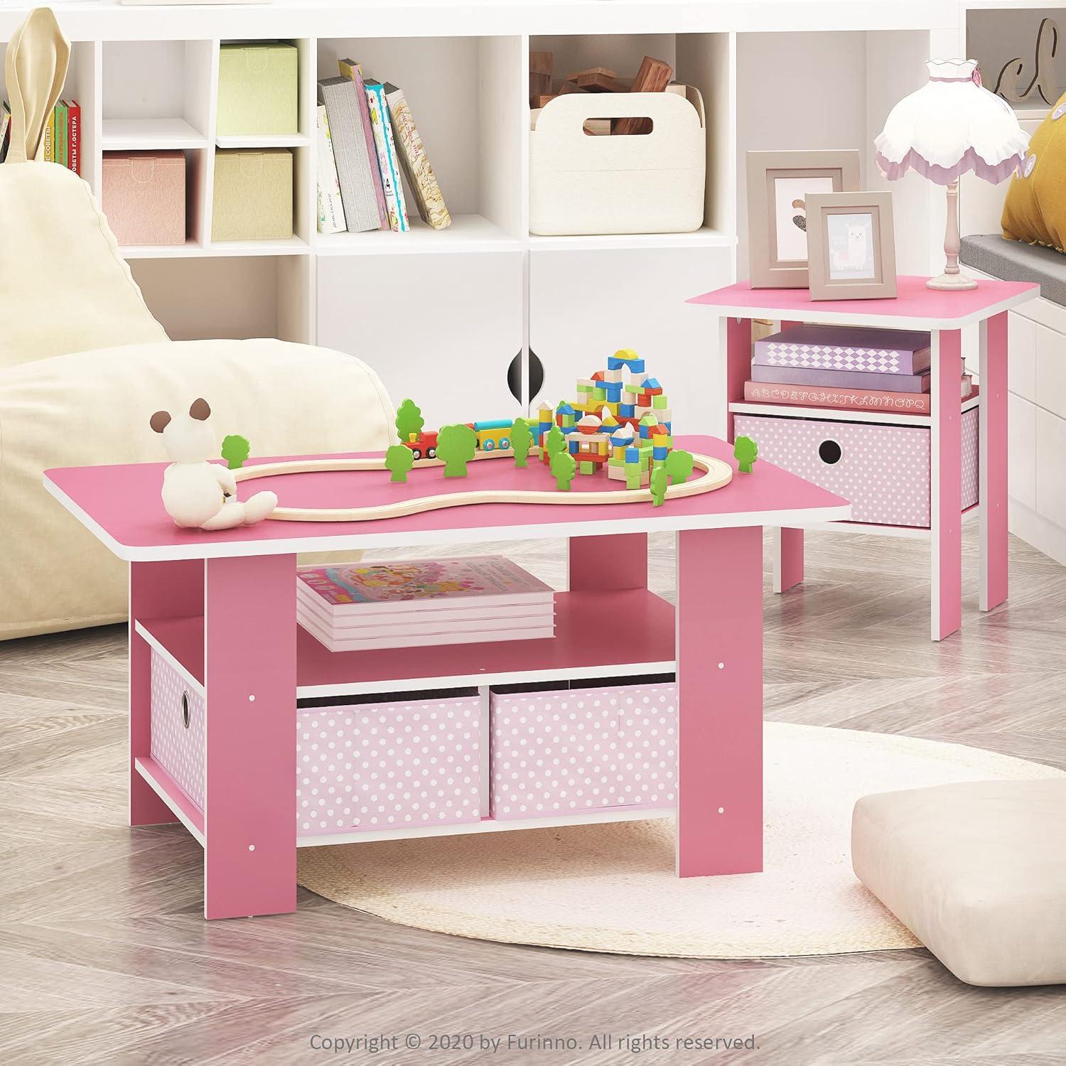 Pink and White Particle Board End Table with Fabric Drawer