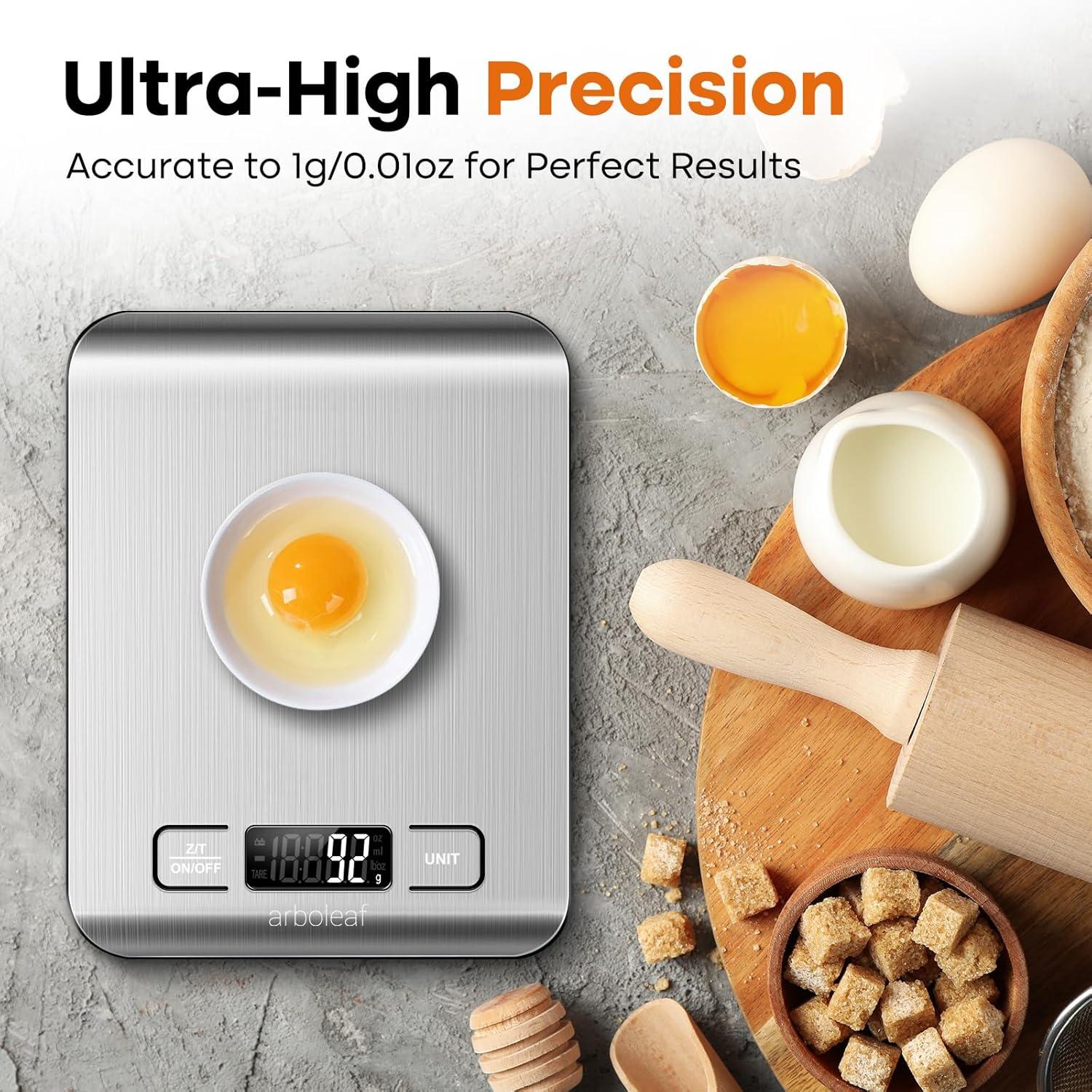 arboleaf Food Kitchen Scale, 22lb Digital Weight Grams and Ounces for Baking and Cooking, 1g/0.01oz Precise Food Scales for Kitchen, Backlit LCD Display, Tare Function, Stainless Steel