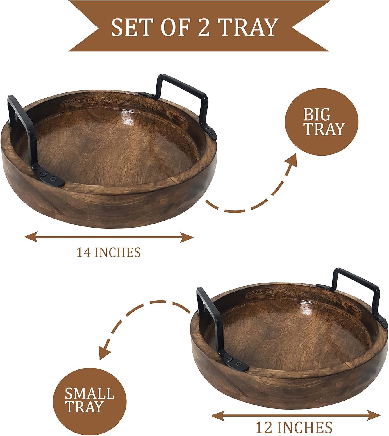 Handmade Rustic Brown Mango Wood Round Serving Trays with Metal Handles, Set of 2