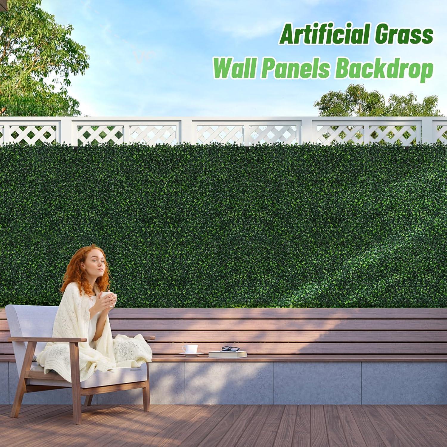 Tianqi Artificial Boxwood Plant Hedge, Green Grass Backdrop, Indoor and Outdoor Use (Set of 12)
