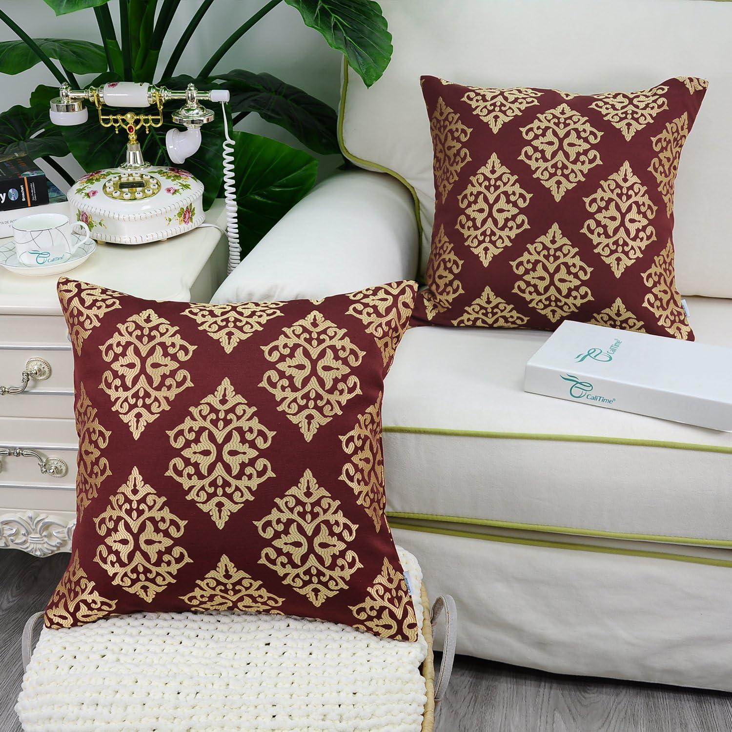 Pack of 2 Soft Jacquard Throw Pillow Covers Cases for Couch Sofa Home Decoration Vintage Diamond Shape Damask Floral 18 X 18 Inches Burgundy Gold