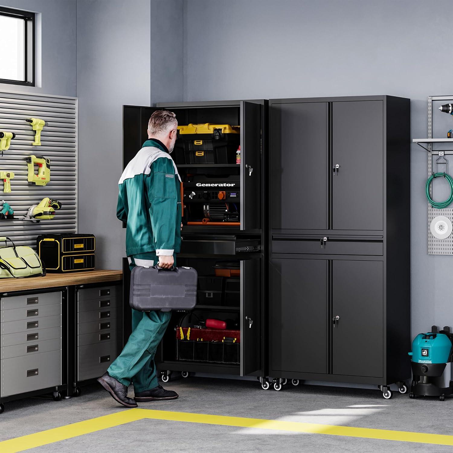 17 Stories Wheeling Garage Storage Cabinet, Rolling Tool Cabinet with 4 Door Lock-Adjustable Shelves and 1 Drawer for Garage Utility Room (Black)