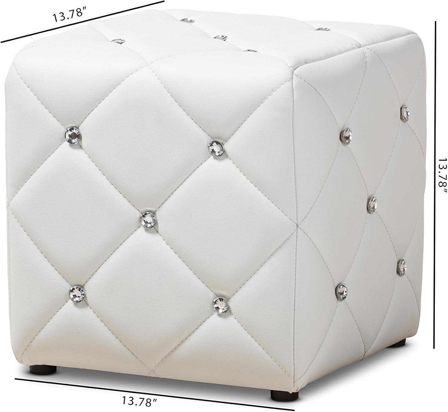 Homestock Tribal Treasures White Faux Leather Upholstered Ottoman, Square Ottaman, Button Tufted Design, Foam Padded, 13.78"D X 13.78"W X 13.78"H