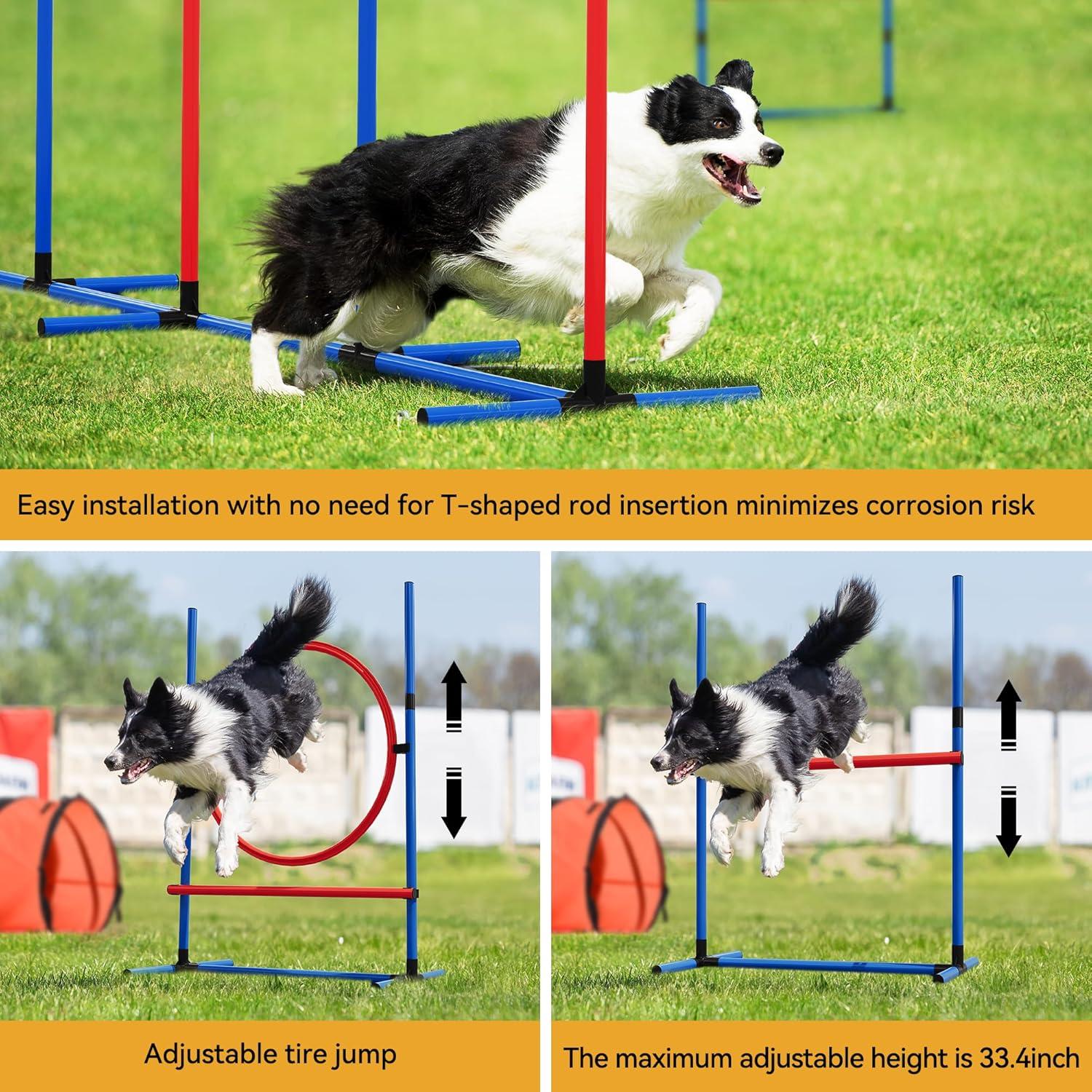 Dog Agility Equipments, Includes Flirt Pole Toy, 3 Flying Discs, 2 Agility Tunnel, 3 Jumps, 6 Weave Poles, Pause Box,Agility Course Set for Backyard, Indoor, Outdoor