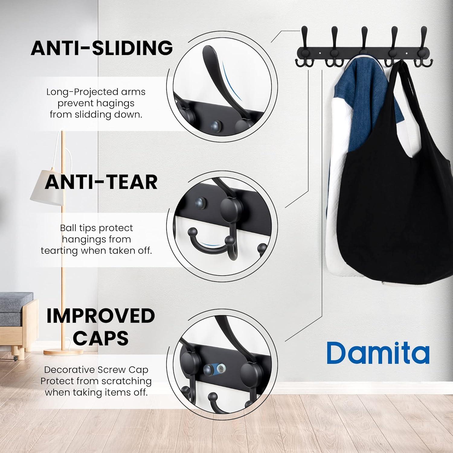 Damita Mop Broom Holder Wall Mount,Stainless Steel Garage Organizer for Kitchen,Garden,and Tools-Space-Saving Wall-Mounted Broom Hanger,3 Racks 4 Hooks,Black