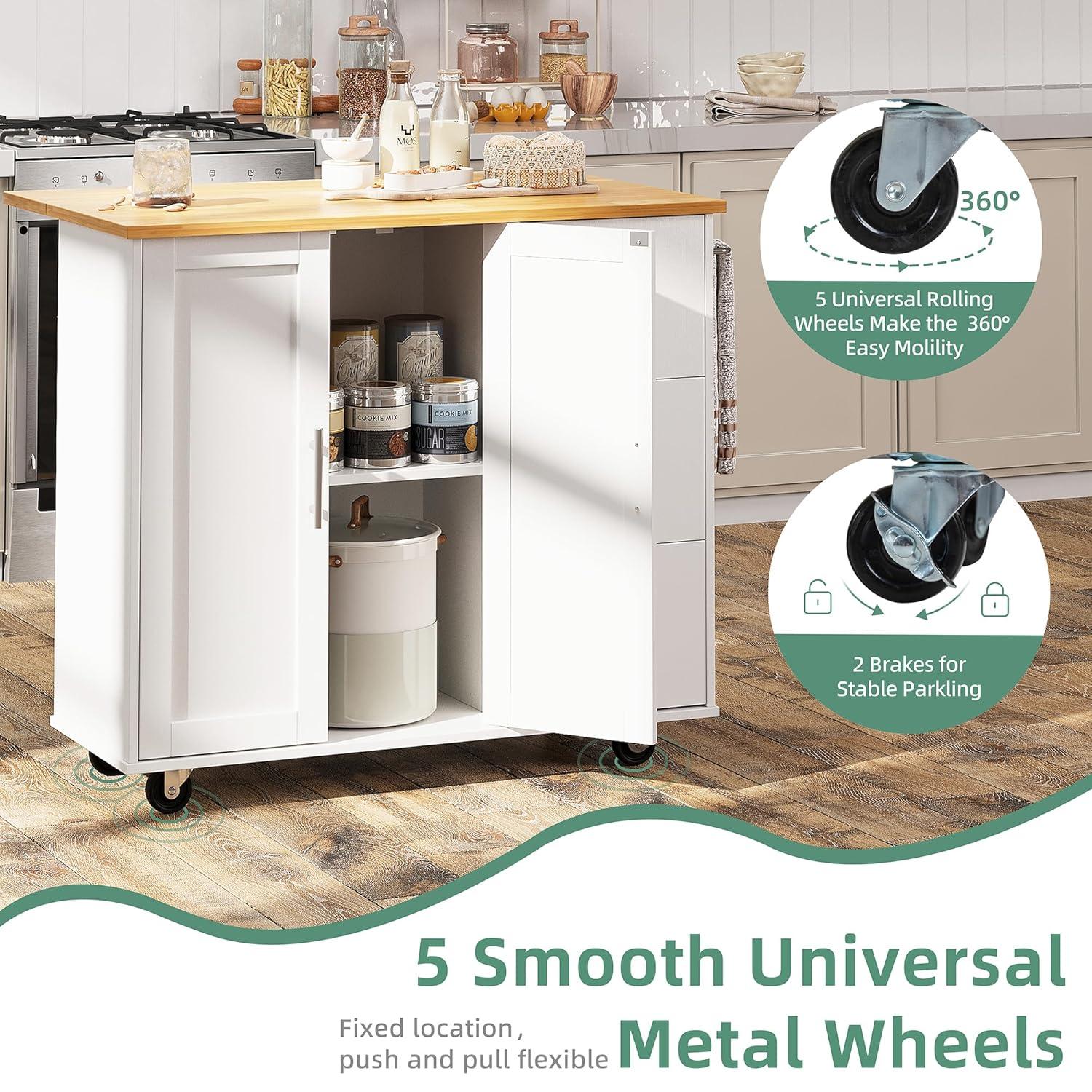 Sobaniilo Small Kitchen Island on Wheels with 3-Tier Side Spice Rack and Rubber Wood Top, Trolley Cart with Storage Cabinet & Drawer and Handle/Towel Rack, White