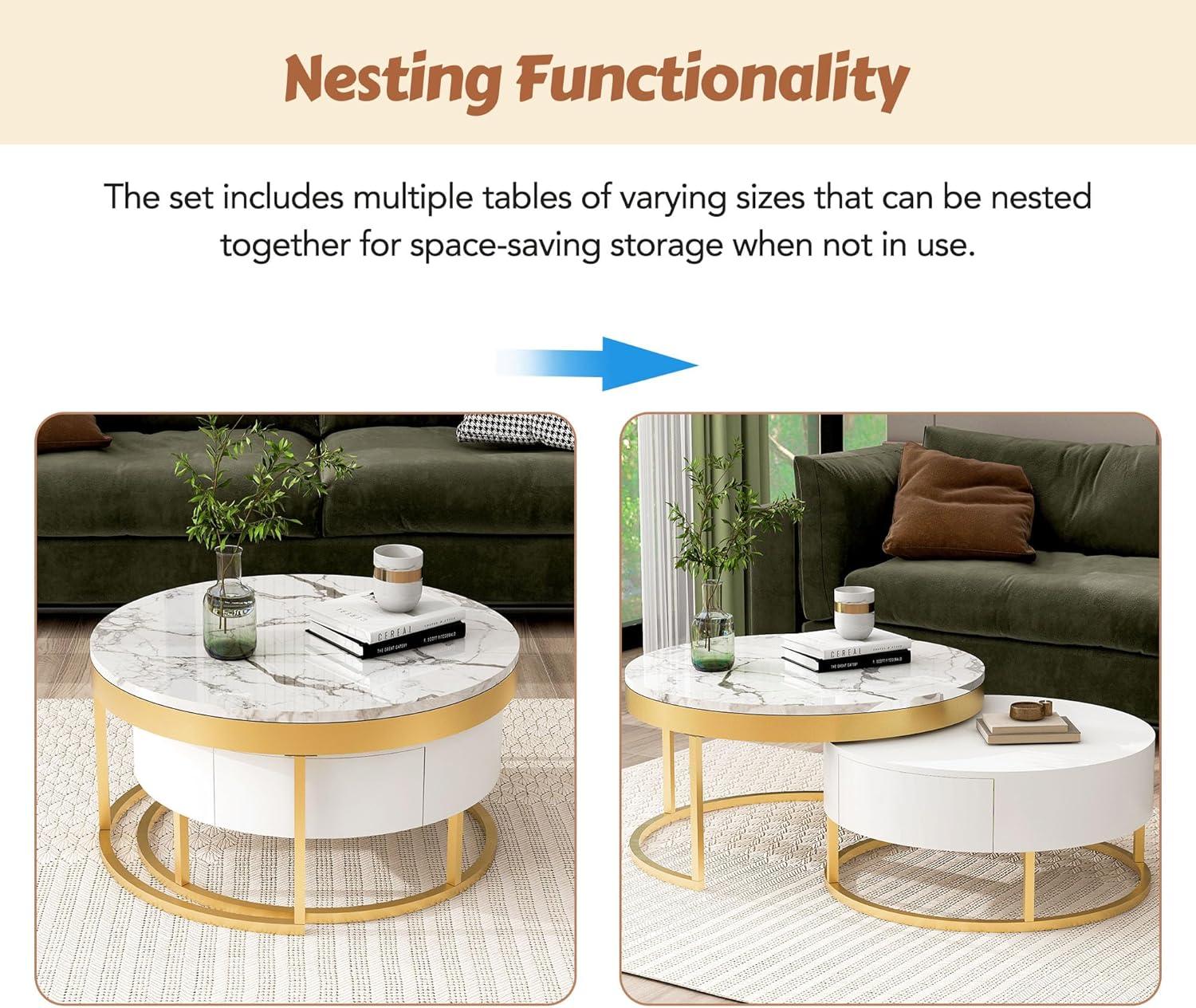 Modern Round Nesting Coffee Table with Drawers in White