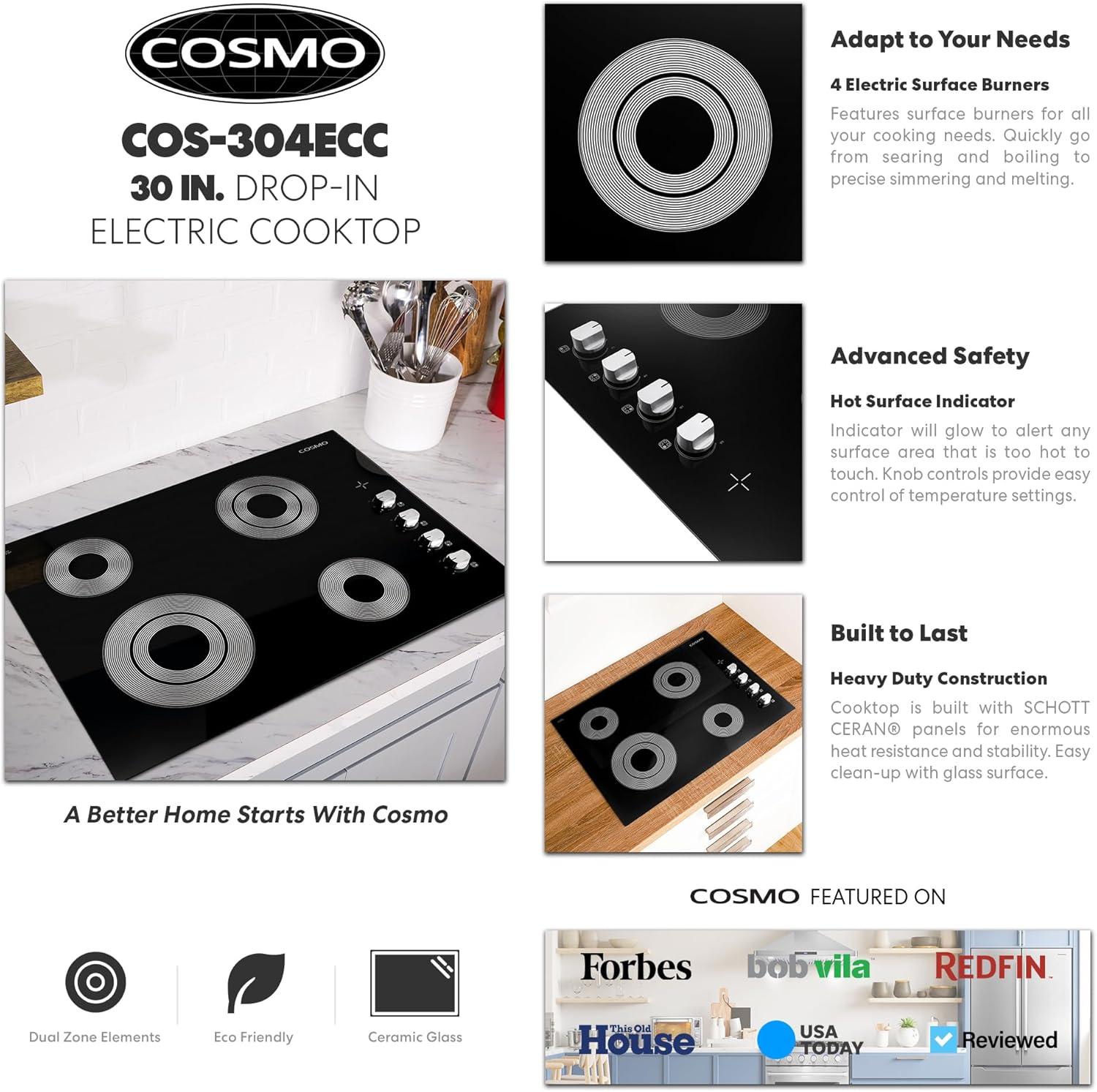 30 in. Electric Ceramic Glass Cooktop with 4 Burners, Dual Zone Elements, Hot Surface Indicator Light and Control Knobs