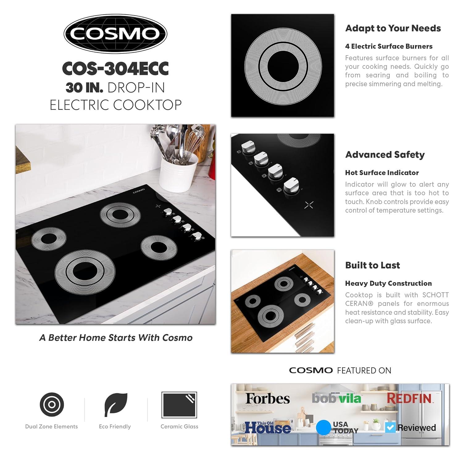 Cosmo Cosmo 30 in. Electric Ceramic Glass Cooktop with 4 Burners, Dual Zone Elements, Hot Surface Indicator Light and Control Knobs COS-304ECC