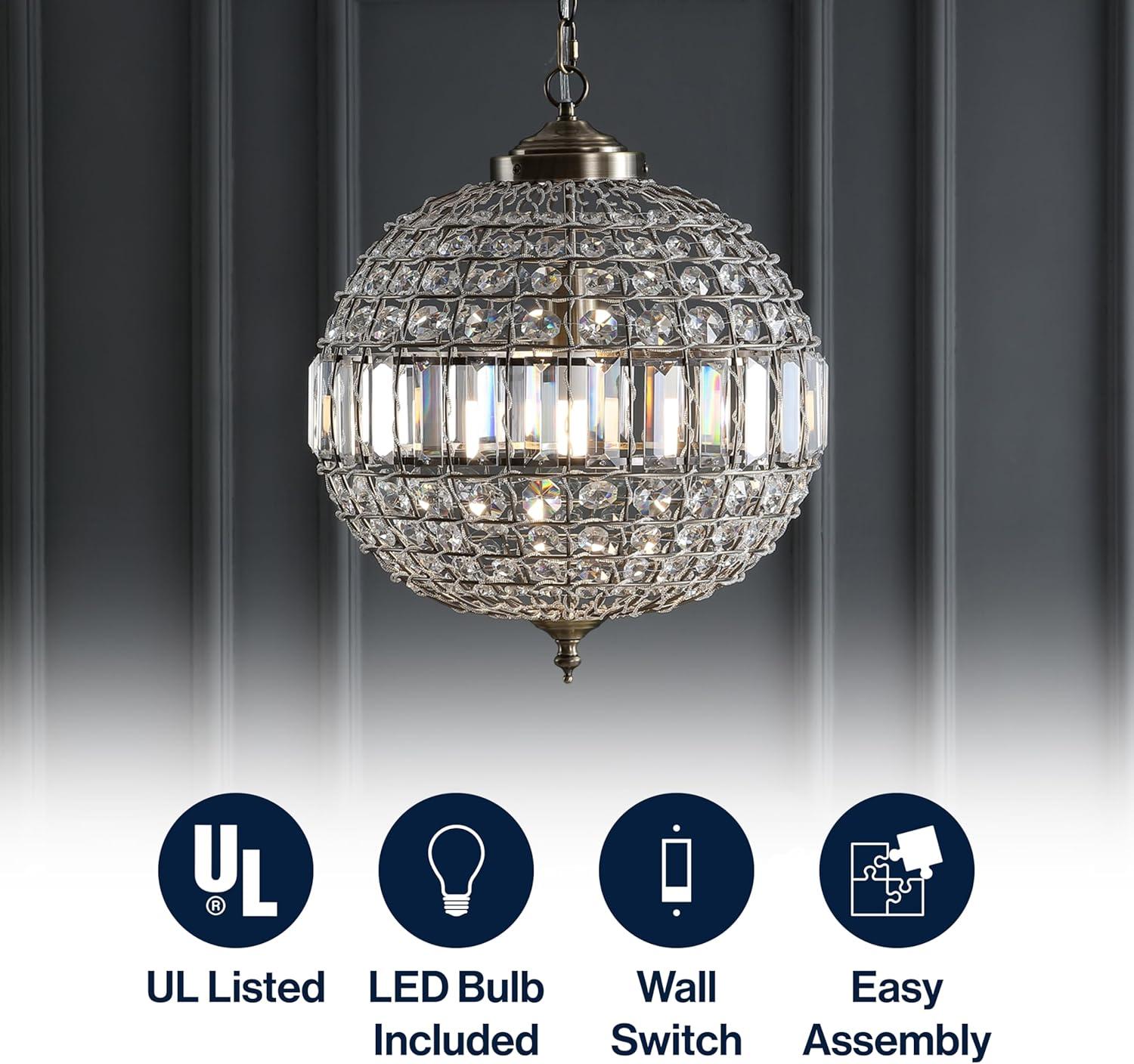 JONATHAN  Y Georgina 16" Crystal Contemporary Transitional 1 -Light Antique Brass Glam Globe Medium Hanging Pendant light