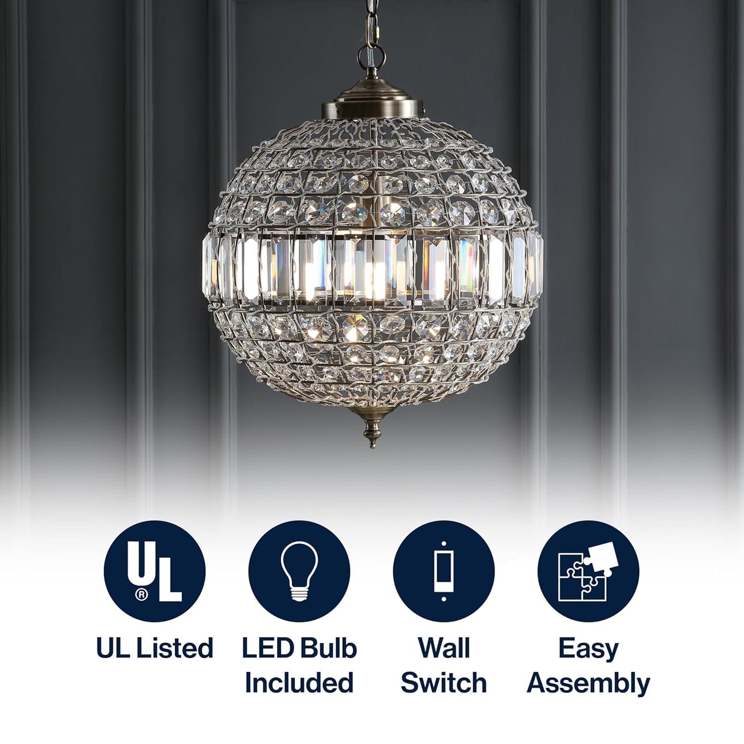 JONATHAN  Y Georgina 16" Crystal Contemporary Transitional 1 -Light Antique Brass Glam Globe Medium Hanging Pendant light