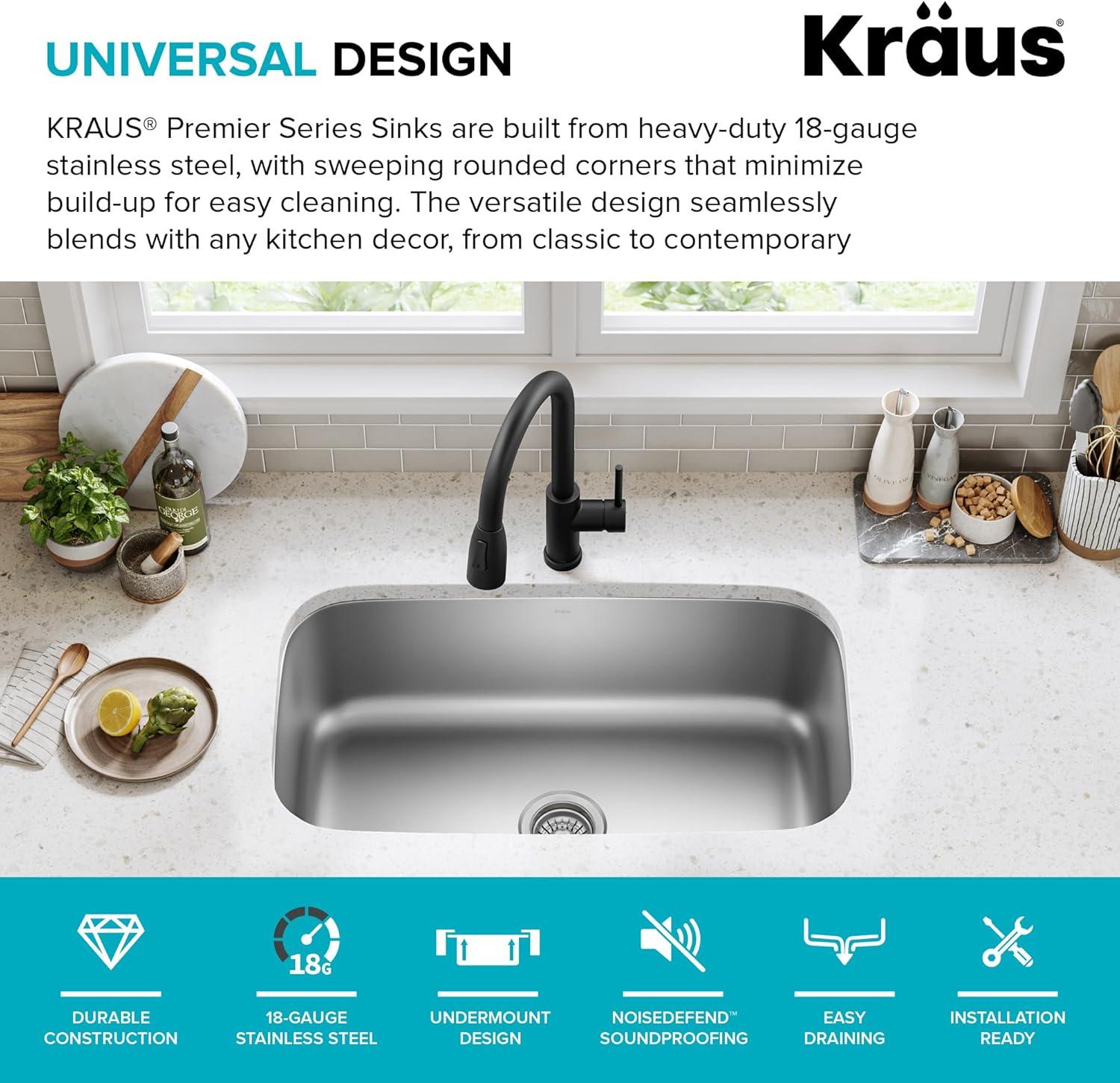 KRAUS Premier Undermount Single Bowl 18-Gauge Stainless Steel Kitchen Sink