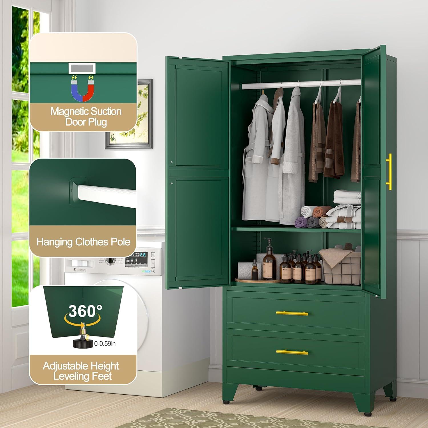 Mercer41 Melbreak Metal Modern Freestanding Wardrobe Armoire With Hanging Rod And Drawers