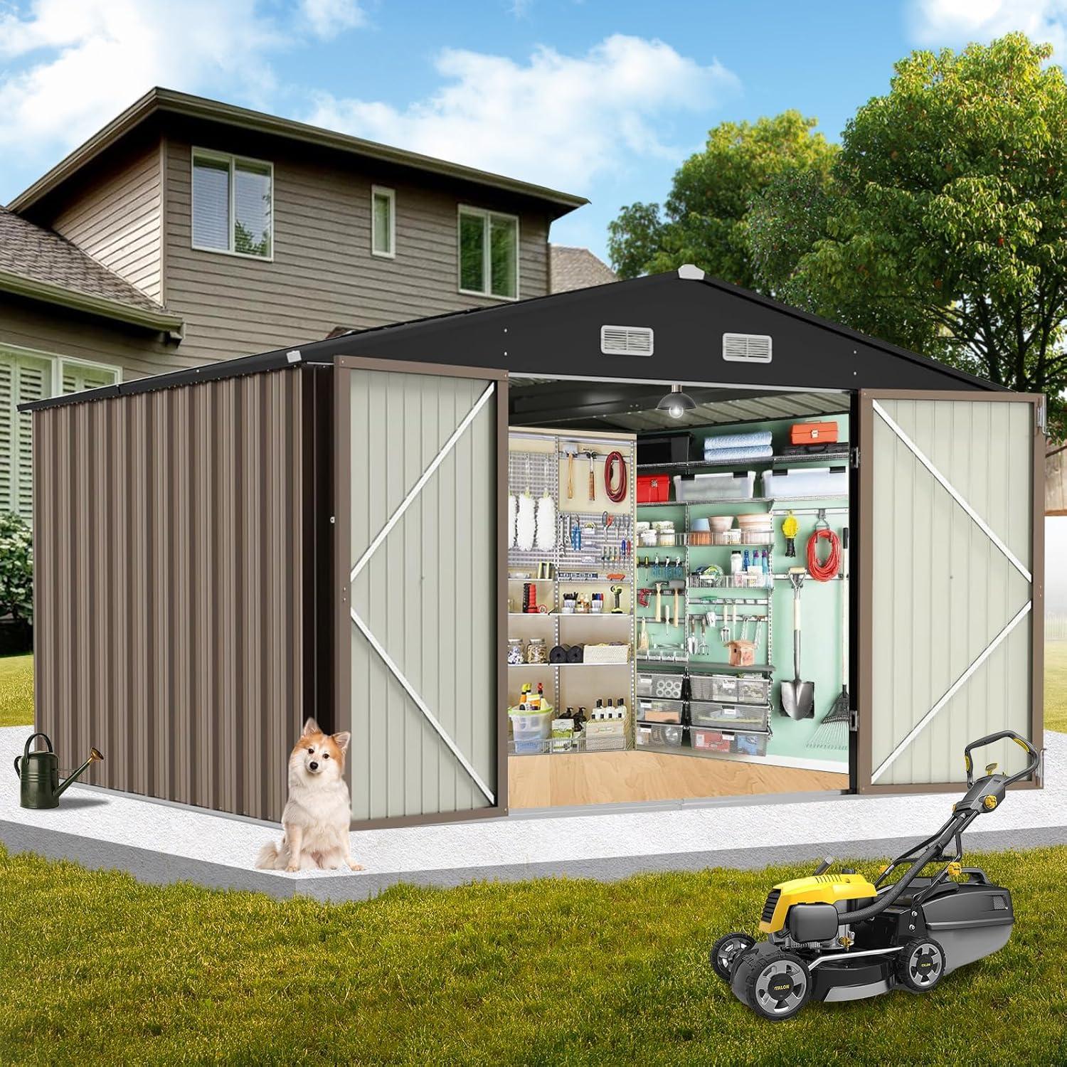 12x10 FT Outdoor Metal Storage Shed Garden Tool House With Lockable Doors and Vent Brown