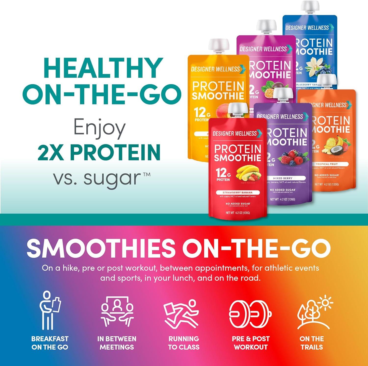 Designer Wellness Protein Smoothie, Real Fruit, 12g Protein, Low Carb, Zero Added Sugar, Gluten-Free, Mixed Variety, 12 Count