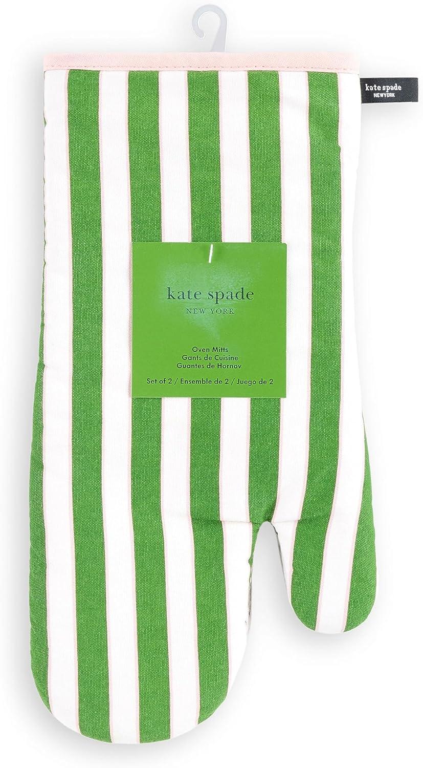 Green and Pink Striped Cotton Oven Mitt Set